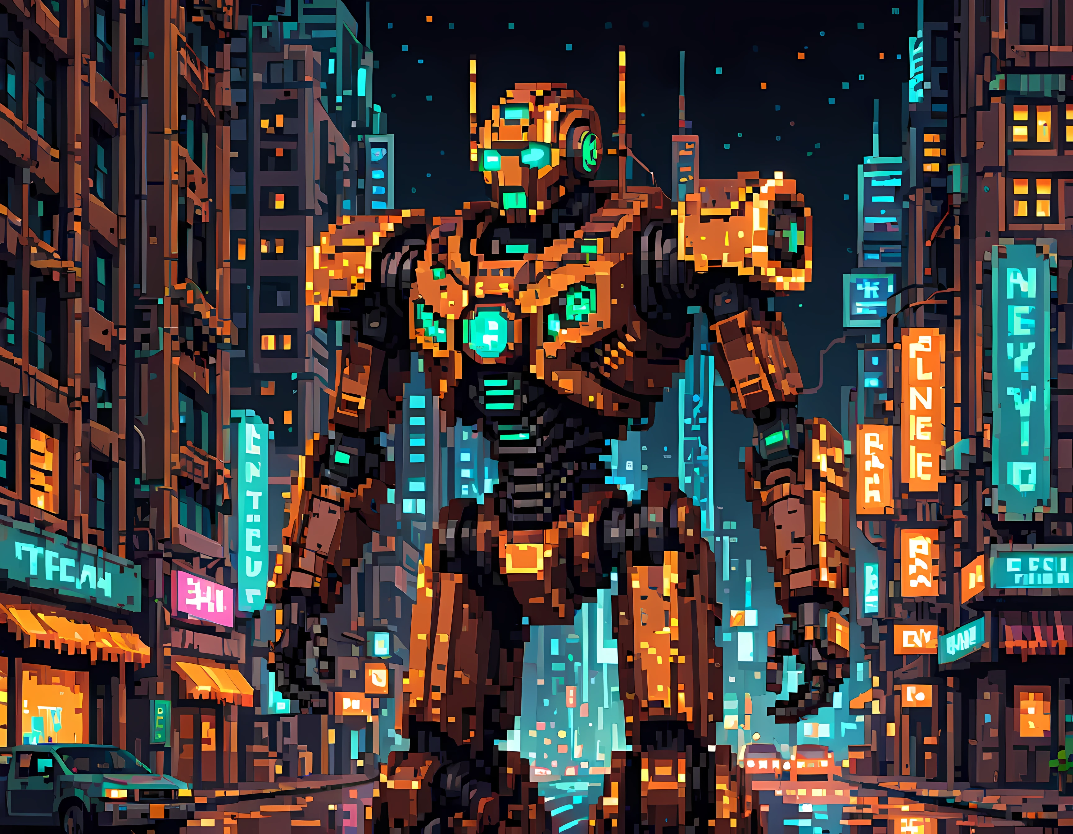 Pixel art, the abandoned mechanoid with a weathered and rusted metallic body, its intricate design blends art deco influences with advanced technology, glowing neon accents, geometric patterns, oversized gauntlets, and delicate vine-like details, a silent guardian amidst a neon-lit cityscape, masterpiece in maximum 16K resolution, superb quality. | ((More_Detail))
