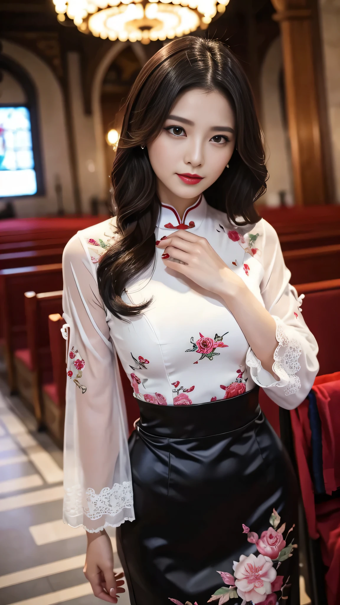 Super detailed、Japanese、charming beauty、seductive adult woman、Beautiful woman、sharp eyes、cool girl、wavy hair、long black cheongsam、wide sleeve、evilの幹部、evil depravity、brainwashing、Mind control、lipstick、grin、evilな表情、evil、empty eyes、evil、church at night、brainwashinging、Contrasting、makeup brush