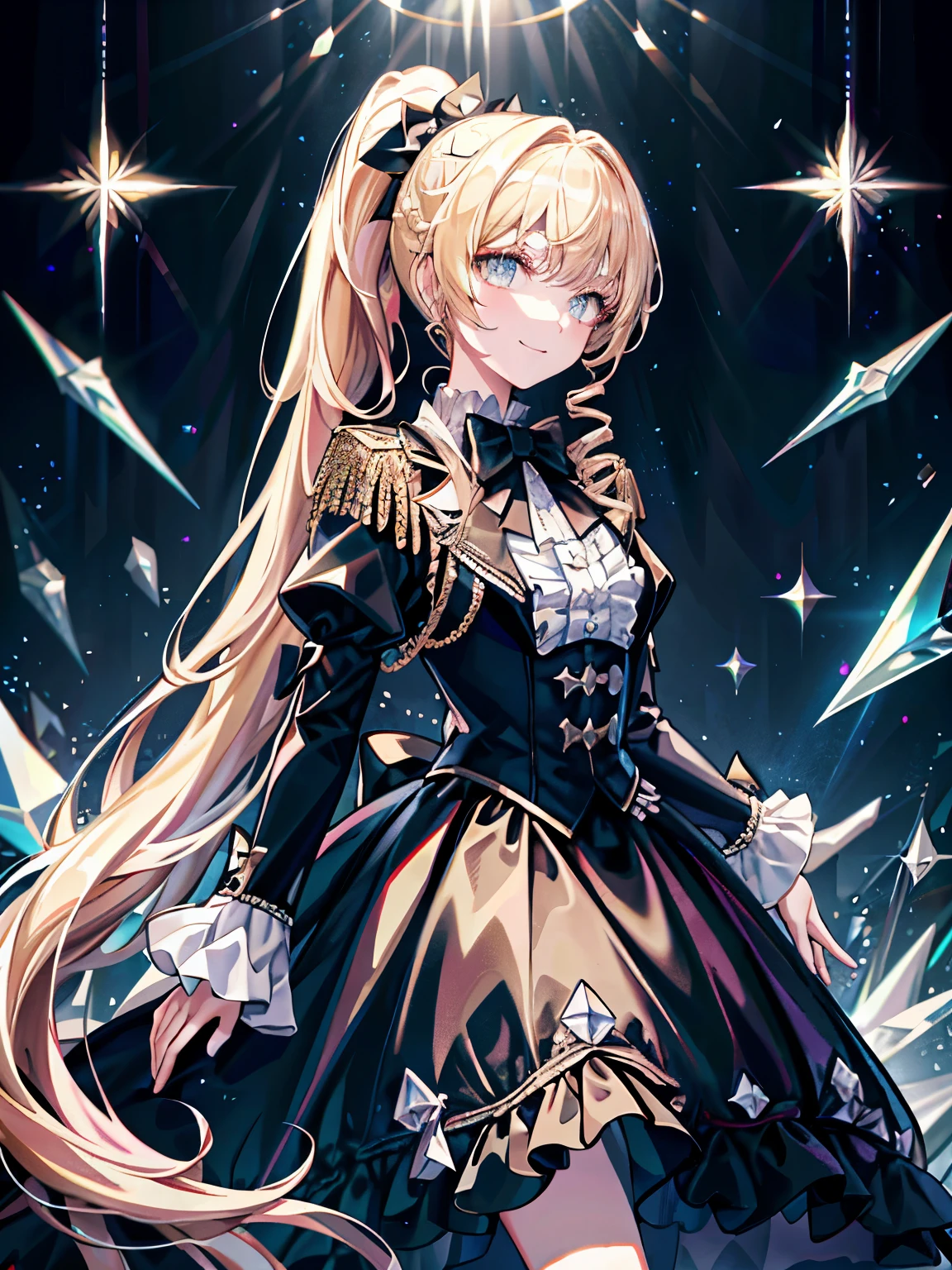 dramatic composition, coat style dress, royal, nice, カスケードfrills, frills, bow, crystal chandelier, roman curly hairstyle, ponette, (((double ponytail like a drill))),Blonde girl， look at the camera, bangs, maximalism, palace background, Delicate depiction of hair and eyes, princess dress, nice skirts, flowers in hand, smile, Eyes like the starry sky, cinematic light, extreme detail, High resolution, happy girl, very long hair, diamond, broken diamond, crystal shards, particles of light