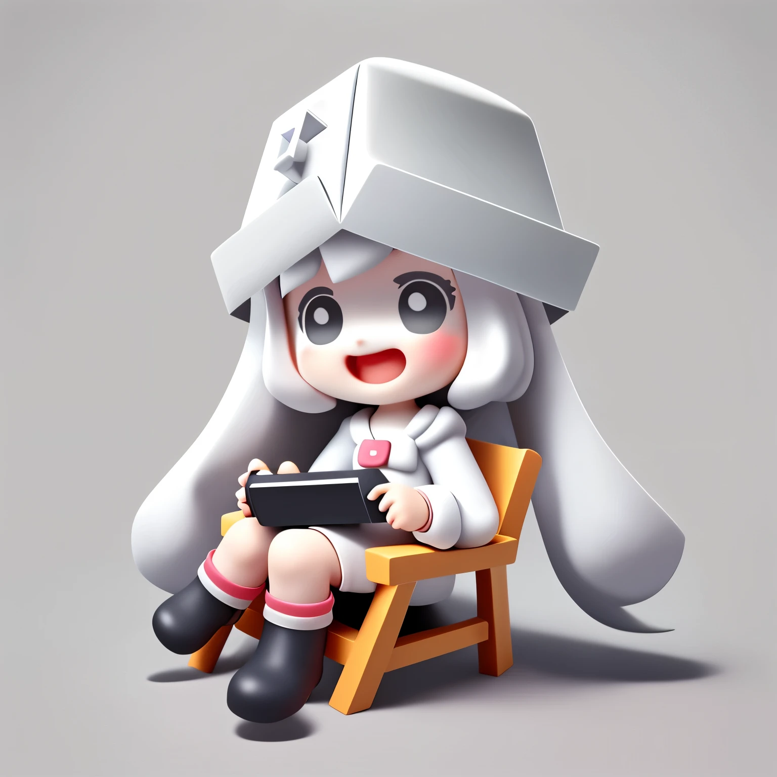 Bubble Mart blind box style,A cute little girl who loves to laugh,sit on the chair,Holding a game console,Wearing a white box-shaped hat,princess cut hairstyle,Off-white hair,Wearing dark gray skirt and boots