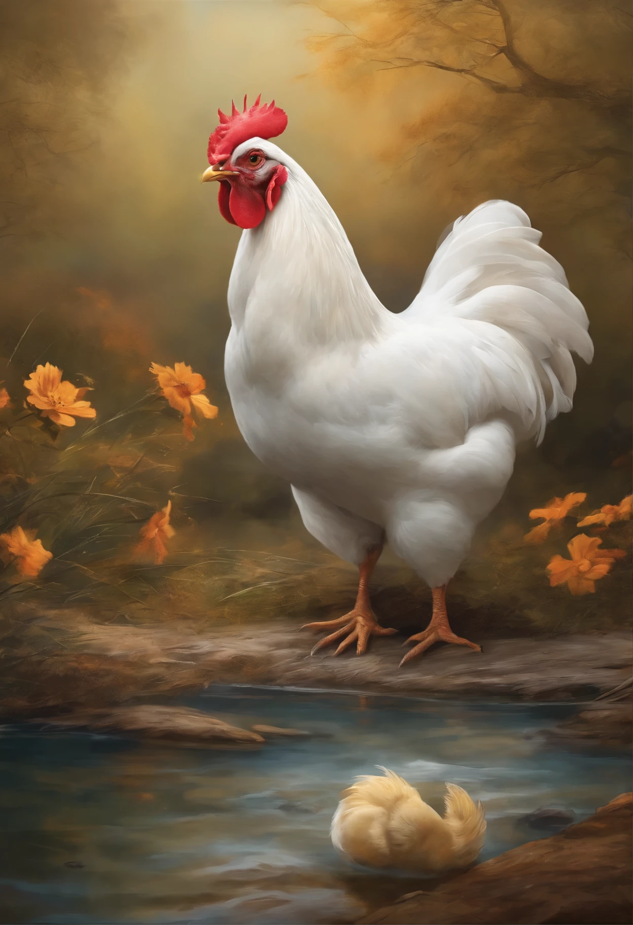 Dibujar a estudiante con una gallina blanca y grande