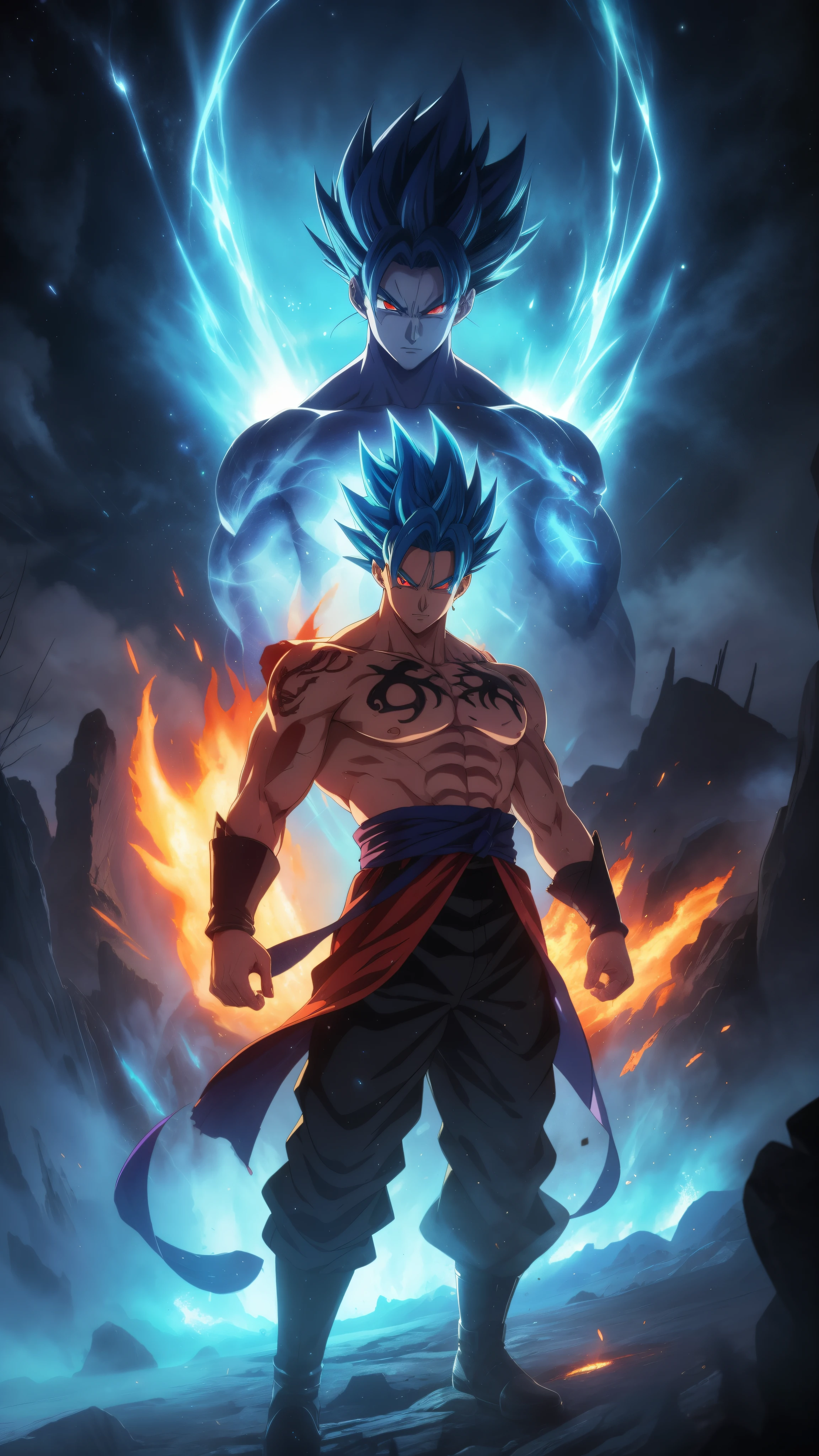 ''Get ready for a visual feast with Goten having a handsome face and piercing red eyes, glowing blue hair and tattoo, well-proportioned character portraits and landscapes, and a perfect body. In his transformed state, he radiates extreme instinct and power, creating an epic anime about this man of energy. fire and lava in stunning anime artwork that will leave you in awe. This concept art is straight from the Universe, with manga-style 8k wallpapers that will transport you to another dimension. Get ready to be amazed by this detailed piece of digital anime art, showcasing the ultimate combination of style and power.''
