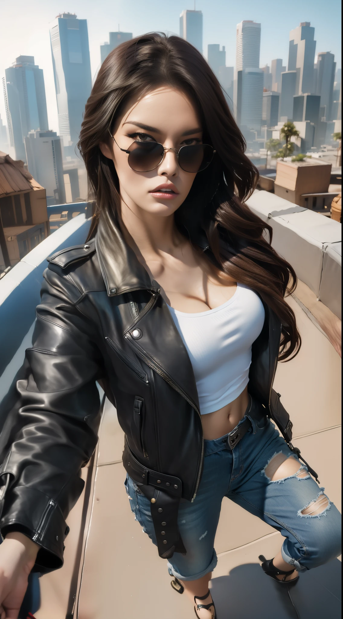 woman in leather jacket and jeans, epic portrait photography, realistic art style, girl portrait, stunning photography, photorealistic art style, realistic art style, Ross Tran style, realistic digital photography