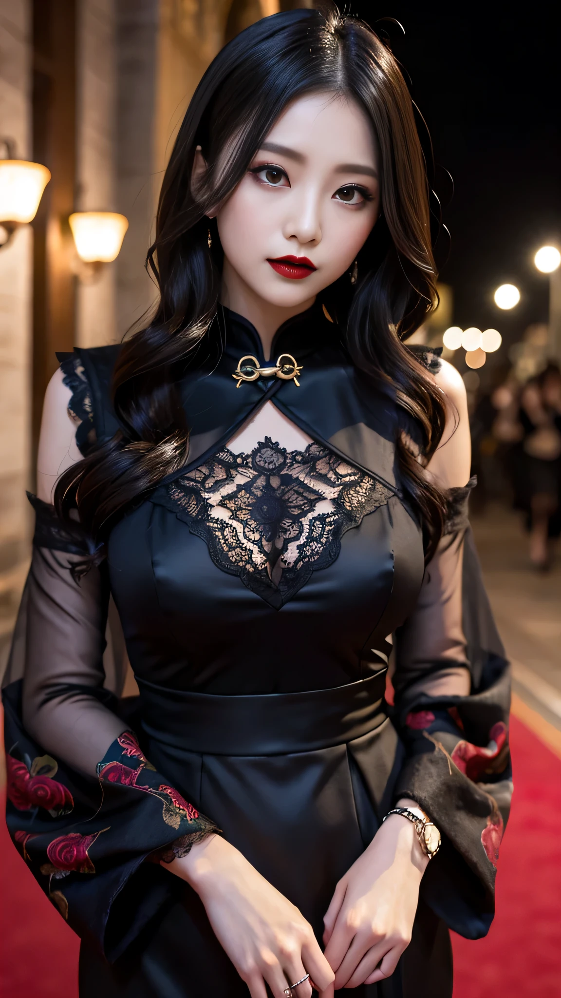 Super detailed、Japanese、charming beauty、seductive adult woman、Beautiful woman、sharp eyes、cool girl、wavy hair、long black cheongsam、wide sleeve、evilの幹部、evil depravity、brainwashing、Mind control、lipstick、grin、evilな表情、evil、empty eyes、evil、church at night、vampire、vampire、Hypnosis、Contrasting、makeup brush