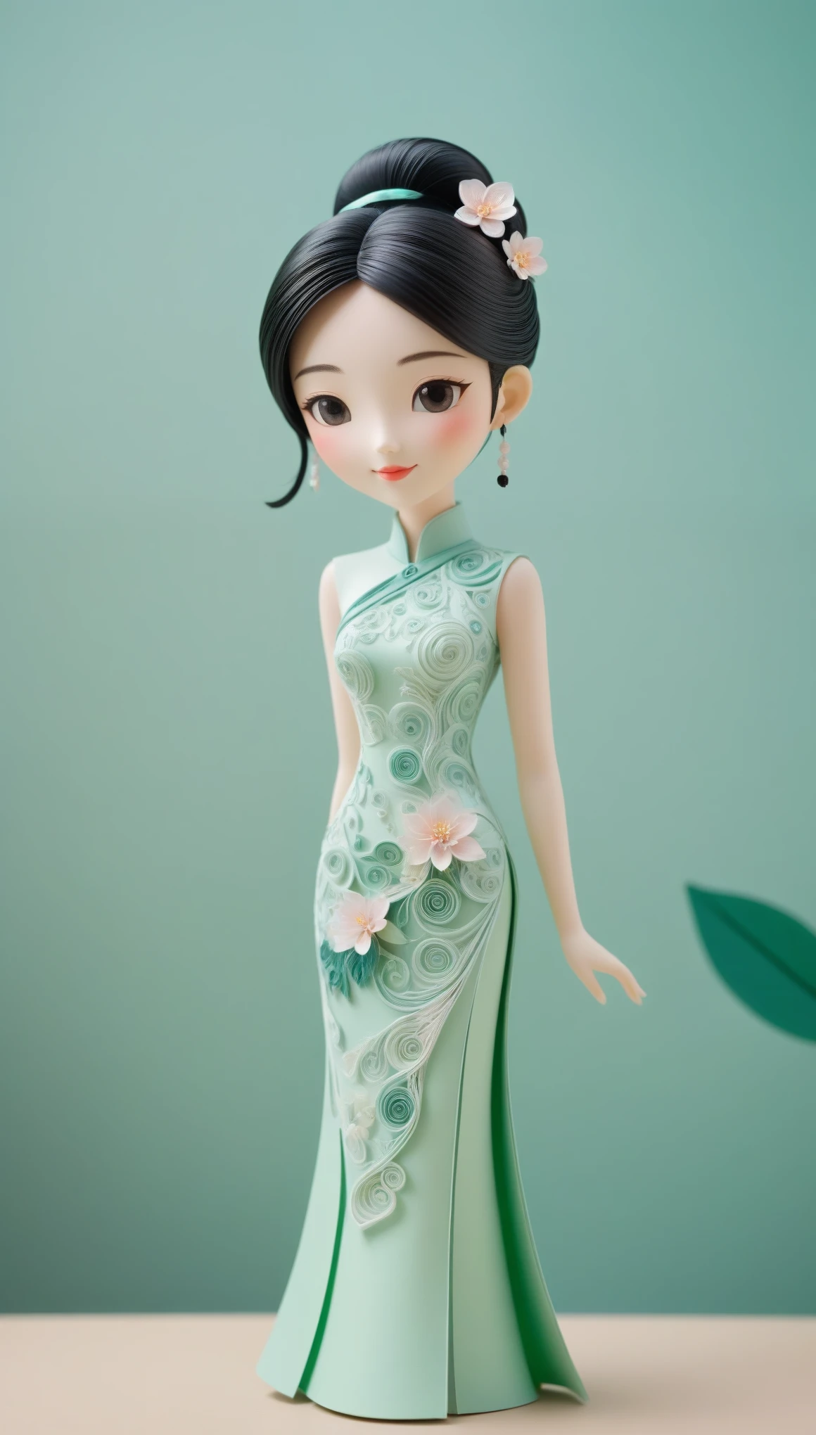 (paper art,layered paper art,paper quilling,paper-cut,paper sculpture), 1 Cheongsam woman,Slender figure,perfectly proportions,Delicate hair accessories, full body, smile,Oriental elements,simple background, mint green, (Soft Lighting, Bokeh)
