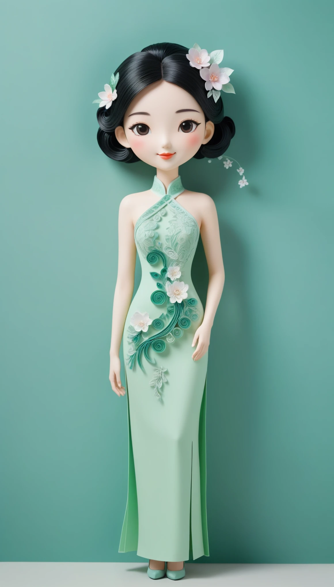 (paper art,layered paper art,paper quilling,paper-cut,paper sculpture), 1 Cheongsam woman,Slender figure,perfectly proportions,Delicate hair accessories, full body, smile,Oriental elements,simple background, mint green, (Soft Lighting, Bokeh)