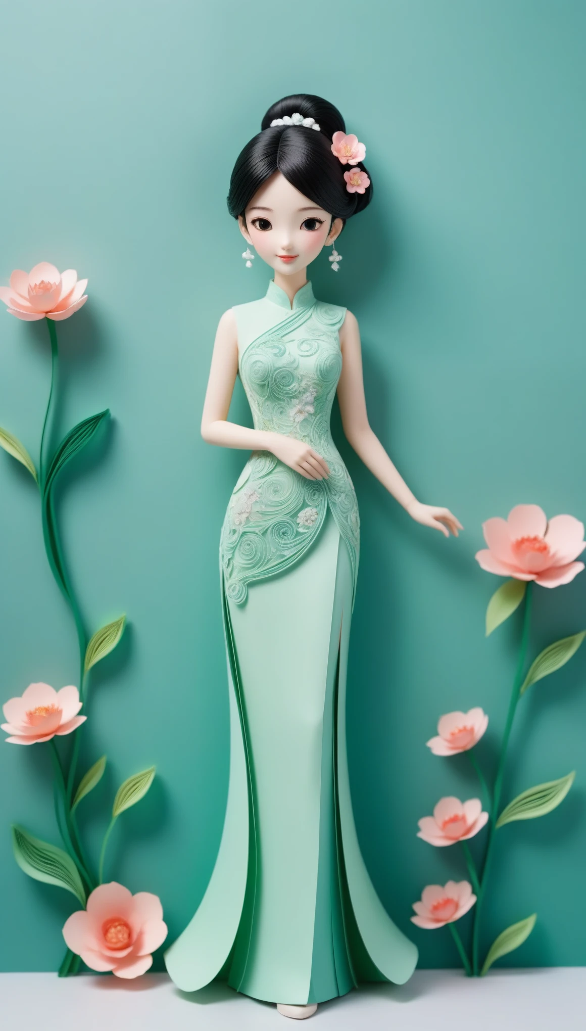 (paper art,layered paper art,paper quilling,paper-cut,paper sculpture), 1 Cheongsam woman,Slender figure,perfectly proportions,Delicate hair accessories, full body, smile,Oriental elements,simple background, mint green, (Soft Lighting, Bokeh)