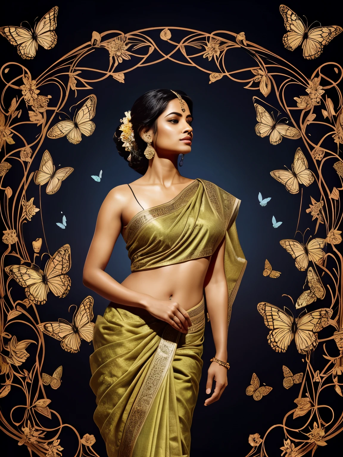 A digital illustration of a woman in a sari surrounded by butterflies and blooming flowers. The entire scene is rendered in a glowing [gold] line art style against a pure [gloss black] background. The woman is depicted in a serene position, her body and the other elements of the illustration formed by elegant, flowing lines that suggest movement and harmony. The butterflies and flowers are detailed, adding a natural, organic contrast to the smooth lines of the woman and the flowing lines of the sari. This image combines elements of fantasy and realism, capturing a moment of tranquility.