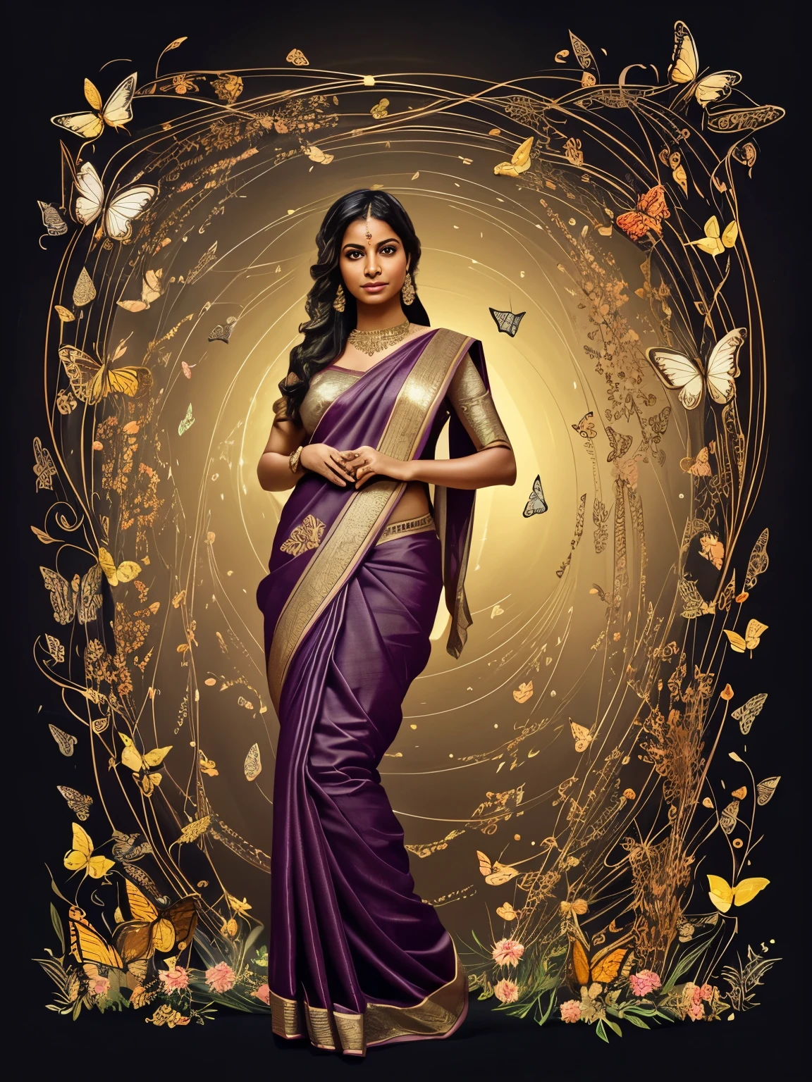 A digital illustration of a woman in a sari surrounded by butterflies and blooming flowers. The entire scene is rendered in a glowing [gold] line art style against a pure [gloss black] background. The woman is depicted in a serene position, her body and the other elements of the illustration formed by elegant, flowing lines that suggest movement and harmony. The butterflies and flowers are detailed, adding a natural, organic contrast to the smooth lines of the woman and the flowing lines of the sari. This image combines elements of fantasy and realism, capturing a moment of tranquility.