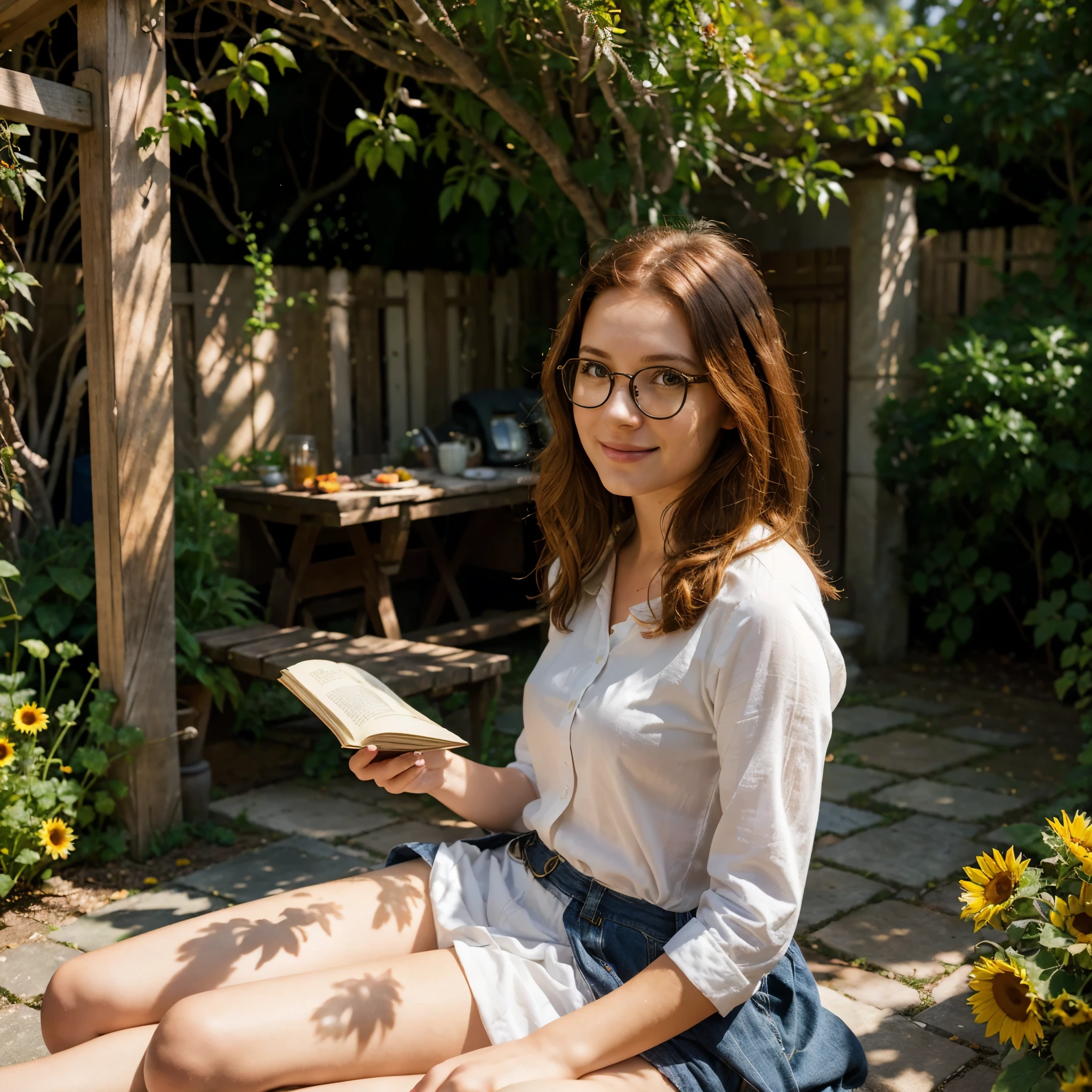 (best quality,realistic,photorealistic:1.37),ultra-detailed,curly red-haired brunette girl studying law,garden scene,illustration,homely atmosphere,dappled sunlight,sunflowers,butterflies,book in hand,glasses,confident smile,bright and warm color palette,soft and natural lighting