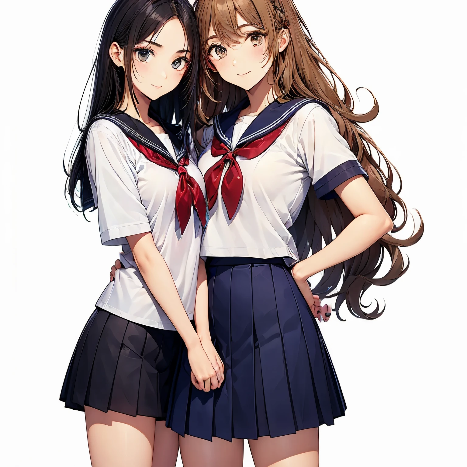 high quality,((2girls,chyuri,snuggling,smile)),Japanese high school student,short sleeve sailor school uniform,