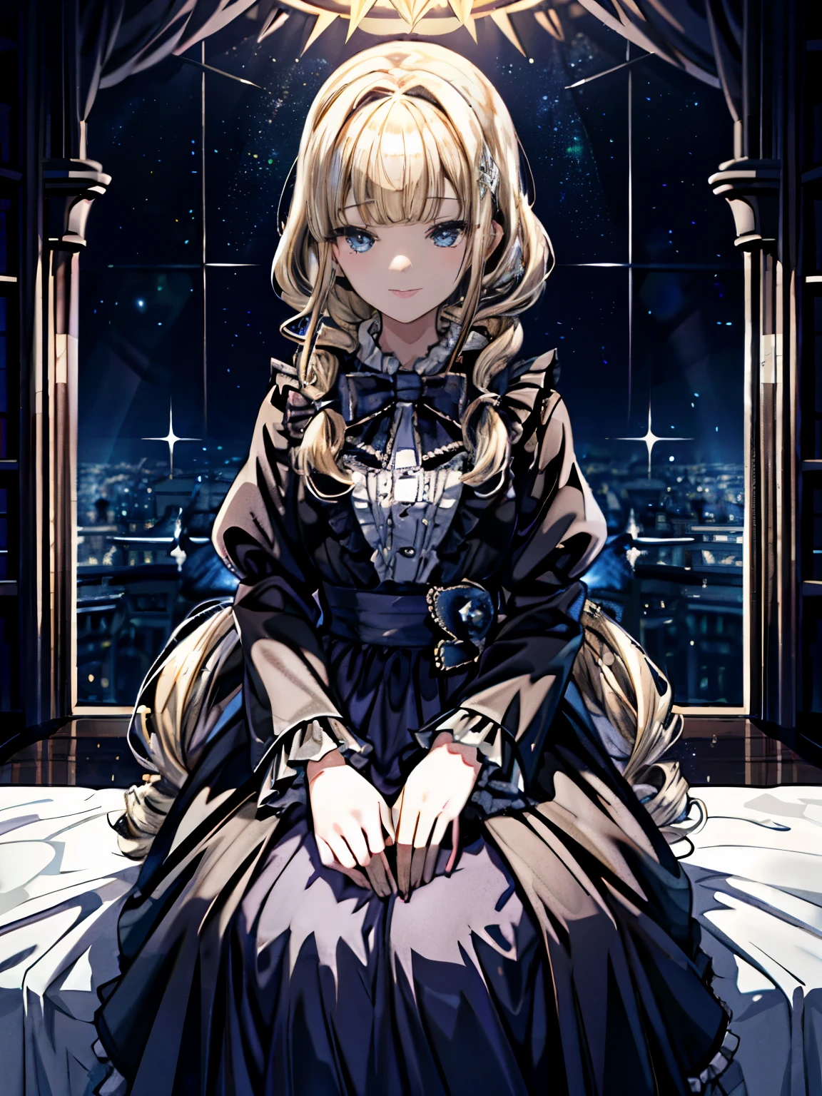 dramatic composition, coat style dress, royal, nice, カスケードfrills, frills, bow, crystal chandelier, roman curly hairstyle, ponette, (((double ponytail like a drill))),Blonde girl, look at the camera, bangs, maximalism, palace background, Delicate depiction of hair and eyes, princess dress, nice skirts, flowers in hand, smile, Eyes like the starry sky, cinematic light, extreme detail, High resolution, happy girl, very long hair, diamond, broken diamond, crystal shards, particles of light