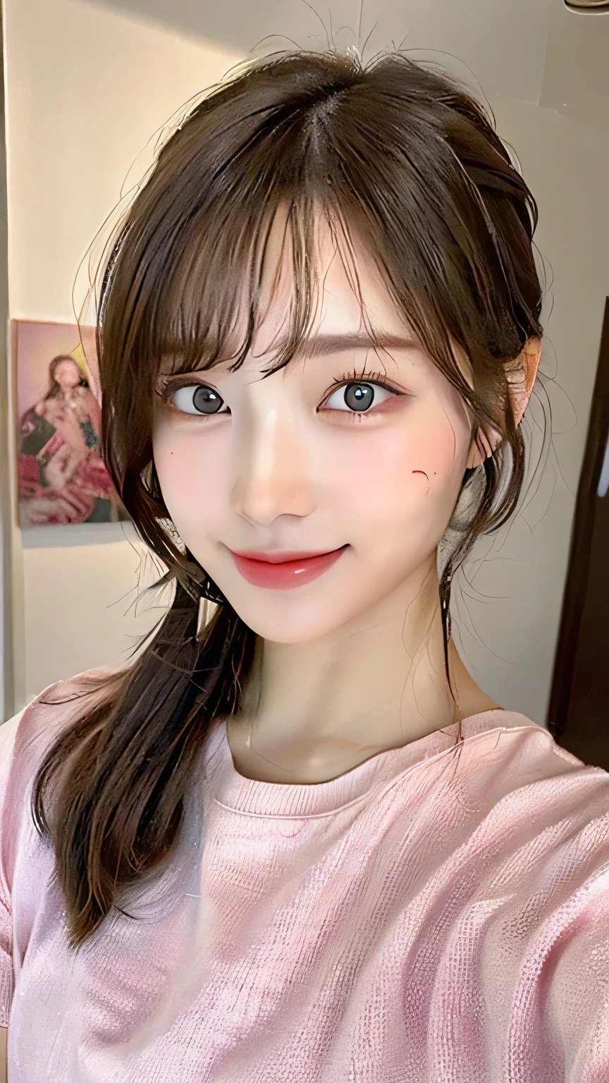 ((best image quality, 8k, masterpiece:1.3)), 1 girl, Beautiful woman with slender abs:1.3, (casual hairstyles, :1.2), pink shirt,Extra-fine face, detailed eye, double eyelid,With a smile, Let's take a photo with a cute pose,numbers are very bad,small waist,big breasts,close,close chest, ponytail