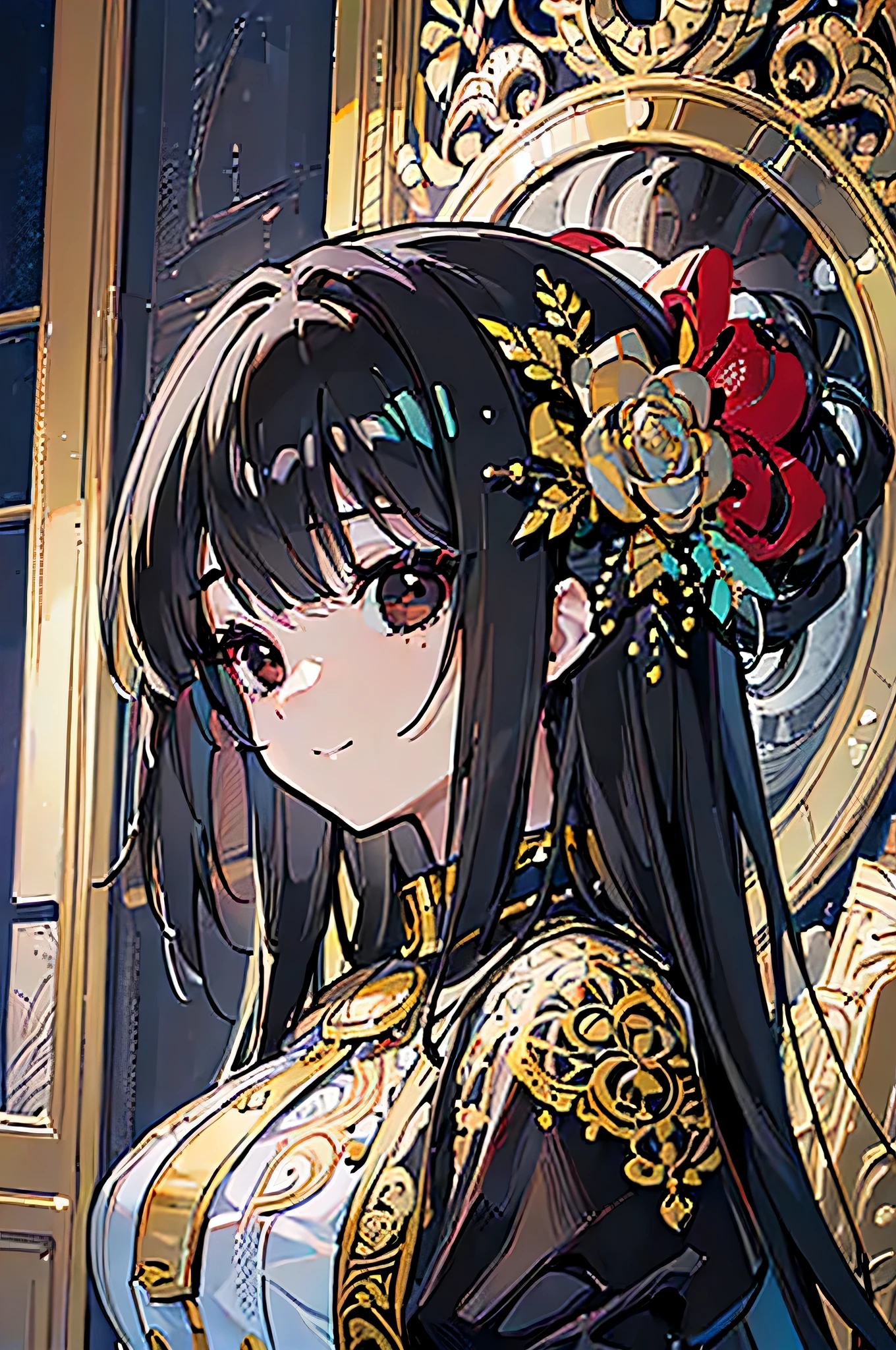 ((highest quality)),(超A high resolution),(Super detailed),(detailed description),((best anime)),(best work of art),(super precision art),(great drawing art,Overwhelming descriptive power:1.5),(intricate and detailed art:1.6),(1 :1.5),Well-maintained glossy black hair:1.6,(Black eyes that hide madness:1.5),A smile that hides madness:1.6, (she wants to own you:1.6),Desire to monopolize:1.8