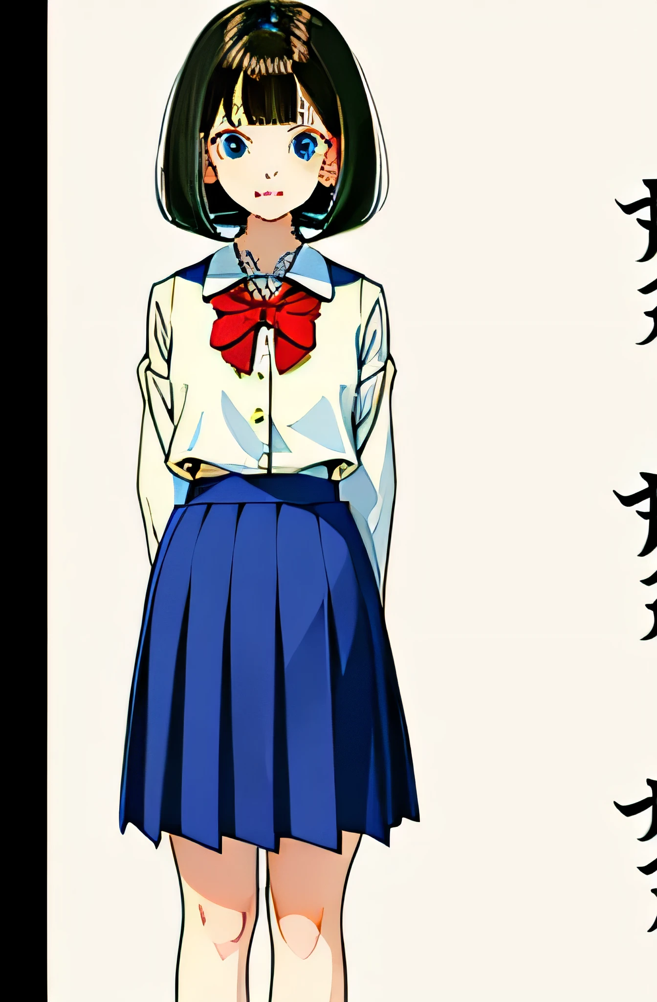 very detailed, , fun, neutral, Are standing, looking at the viewer, bob, black hair, blue eyes, Big eyes, Fair skin, thin, school uniform, earrings, mole, white background, cute, full body shot, From before