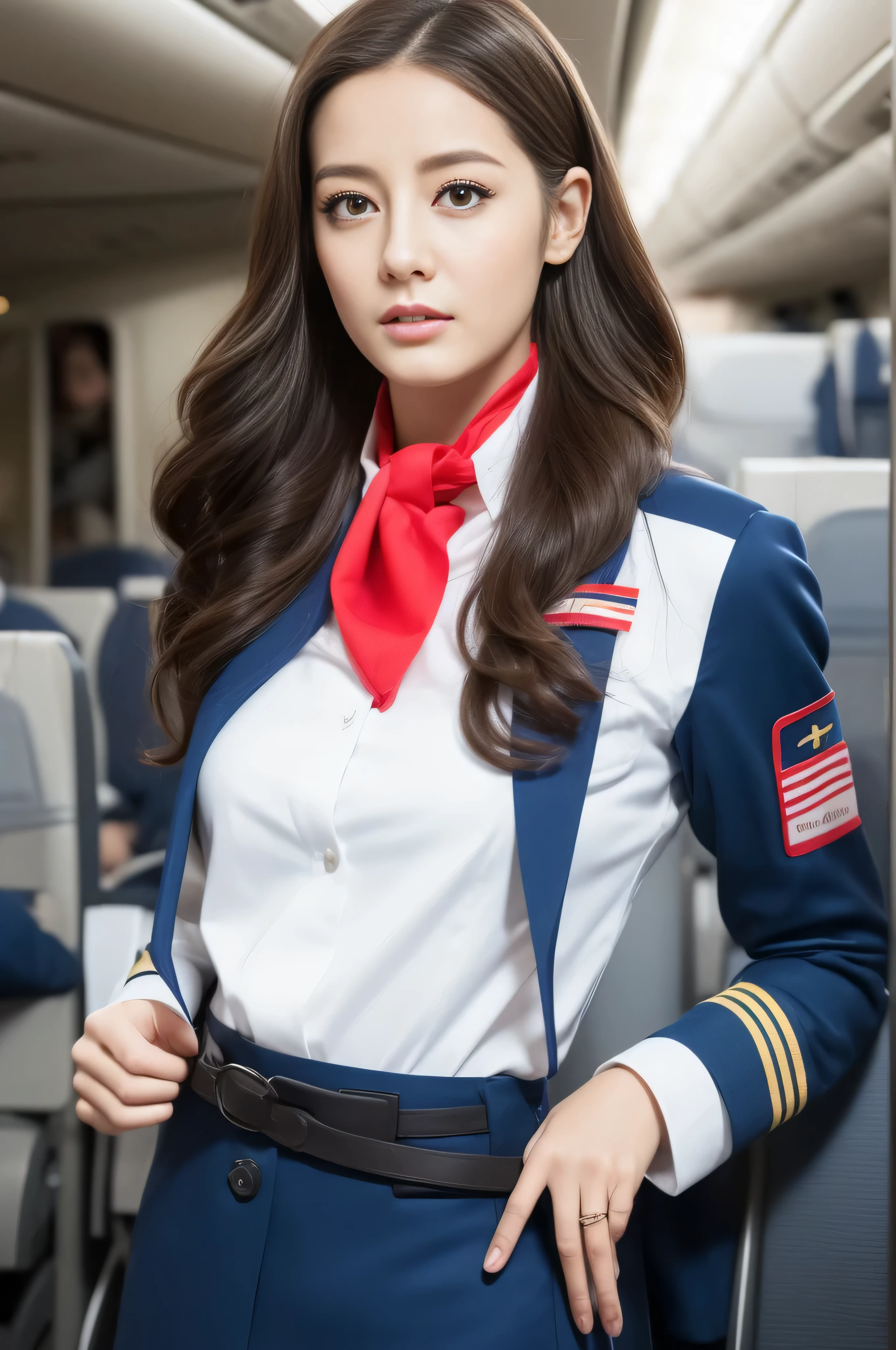 photorealistic:1.37, masterpiece, best quality, raw photo, absurdres, uhd, 1girl, wavy hair, brown hair, seductive , looking at viewer,intricate detail, detailed background, detailed skin, pore, highres, hdr , beautiful model, soft light to the face,JP_MODELS, midium breasts, a 30 yo woman,(stewardess uniform,flight attendant uniform,tight miniskirt,white shirt,silk scarf,inside the airplane:1.4), 