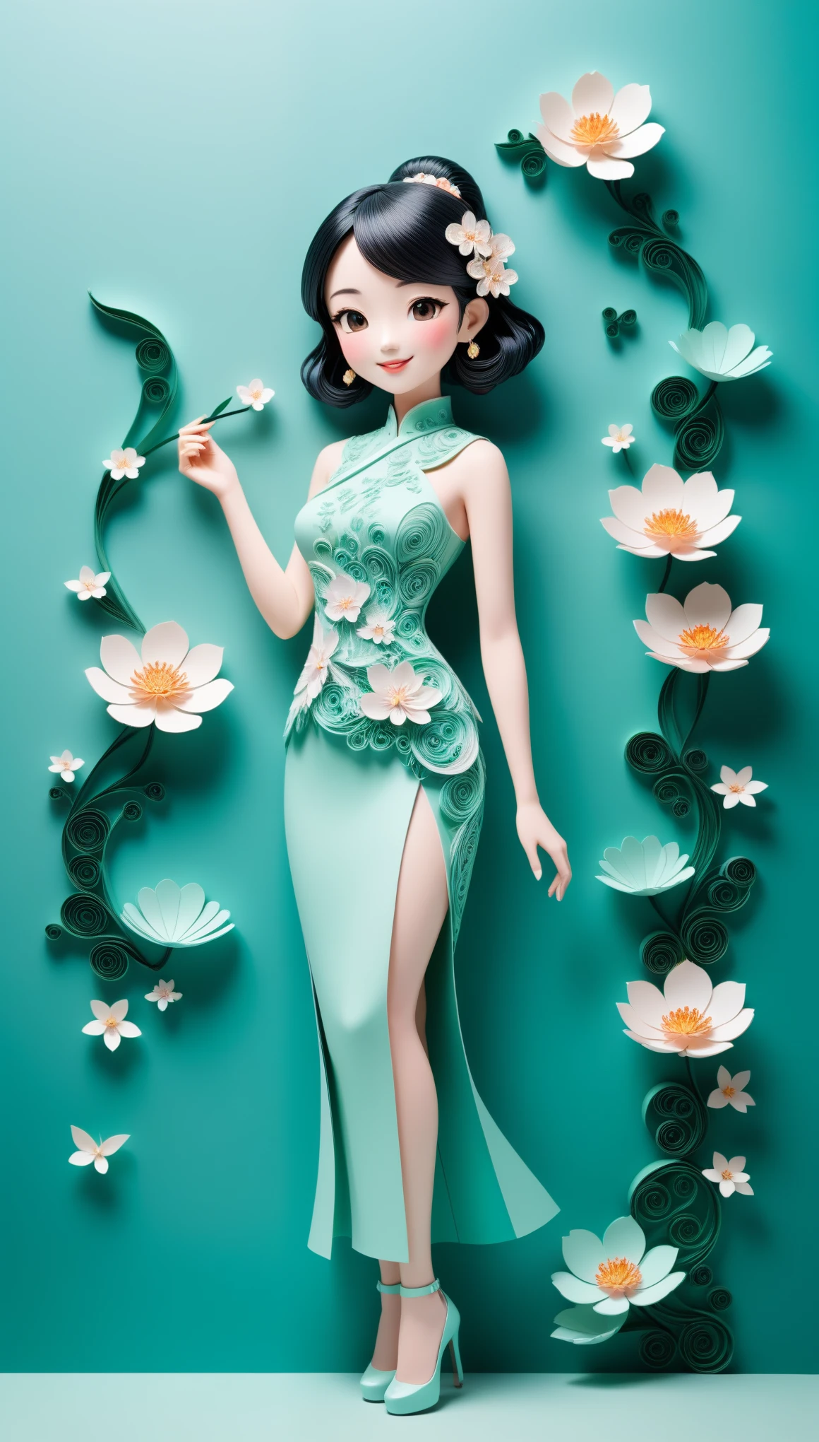 (paper art,layered paper art,paper quilling,paper-cut,paper sculpture), 1 Cheongsam woman,Slender figure,perfectly proportions,Delicate hair accessories, full body, smile,Oriental elements,simple background, mint green, (Soft Lighting, Bokeh)