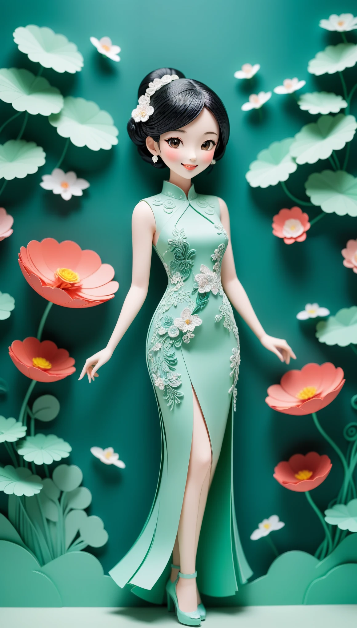 (paper art,layered paper art,paper quilling,paper-cut,paper sculpture), 1 Cheongsam woman,Slender figure,perfectly proportions,Delicate hair accessories, full body, smile,Oriental elements,simple background, mint green, (Soft Lighting, Bokeh)
