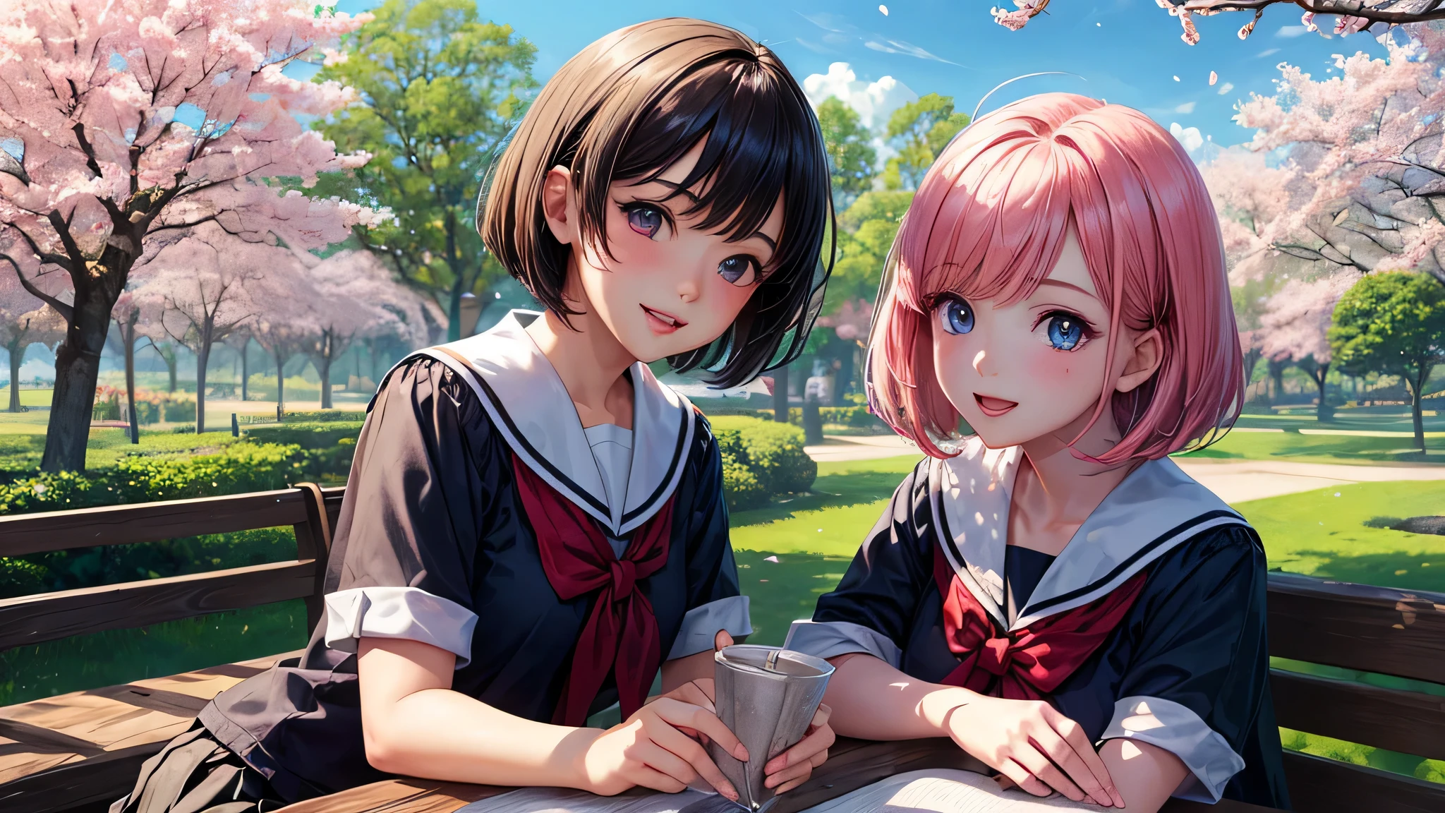 (2 girls:1.2), cute face, shining smile, (short bob hair), (school uniform, mini skirt:1.2), (highest quality: 1.4), (Super detailed), (highest quality:1.4), (super detailed), (lush park), Day光, cherry blossoms, Sunny, cloud, Day, blue sky, (anime illustration), very high resolution, (Upper body), close up face