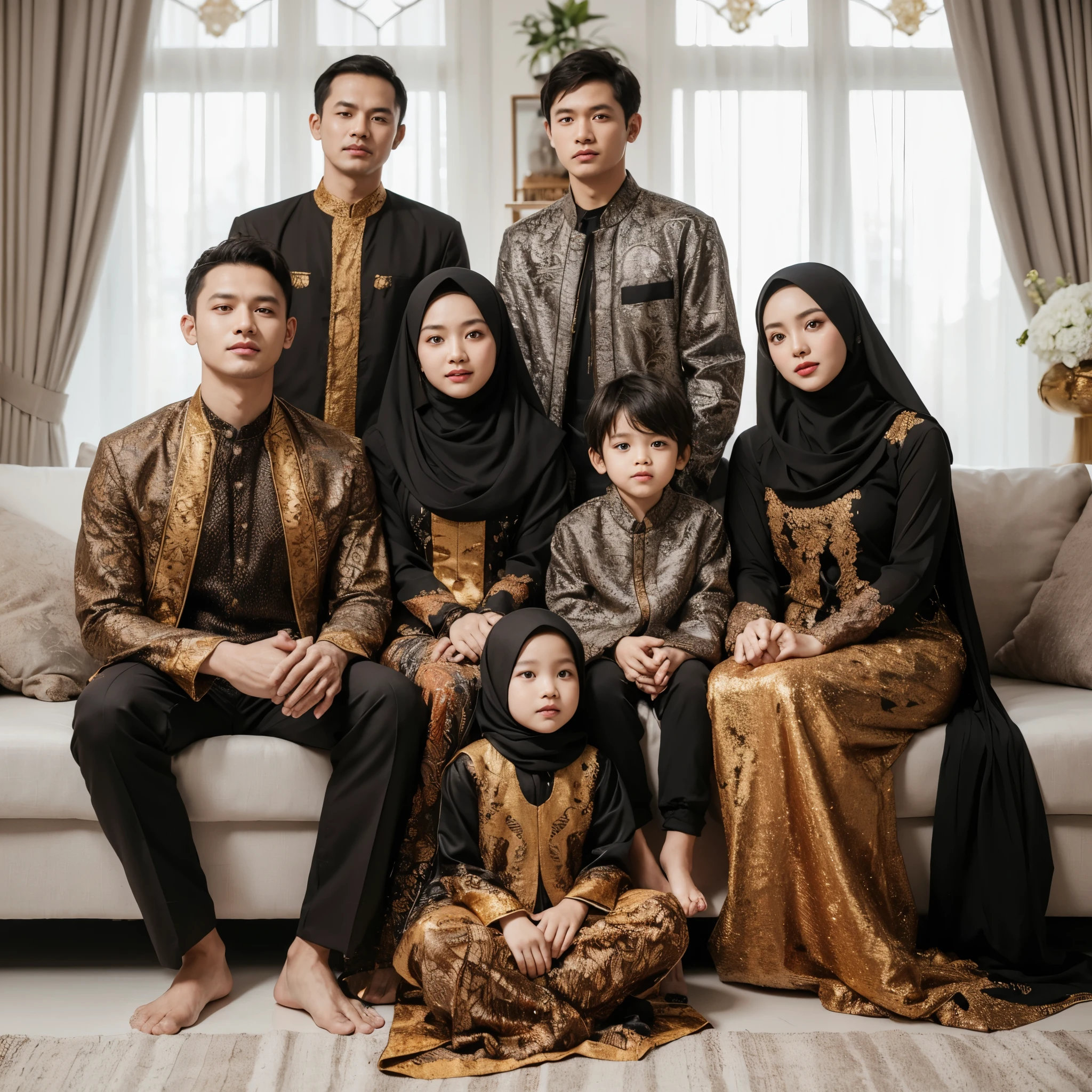 Indonesian family photo, seven members. three adult men, clean faces, Asian build, two adult women wearing hijabs, one 6 year old girl, wearing a hijab, and one 3 year old boy. they are compactly wearing luxurious hit BATIK and luxurious black and gold long dresses that match, sitting pose on the living room sofa, luxurious living room background, realistic photo, detail, ultra HD, white lighting, best photography, 8k 