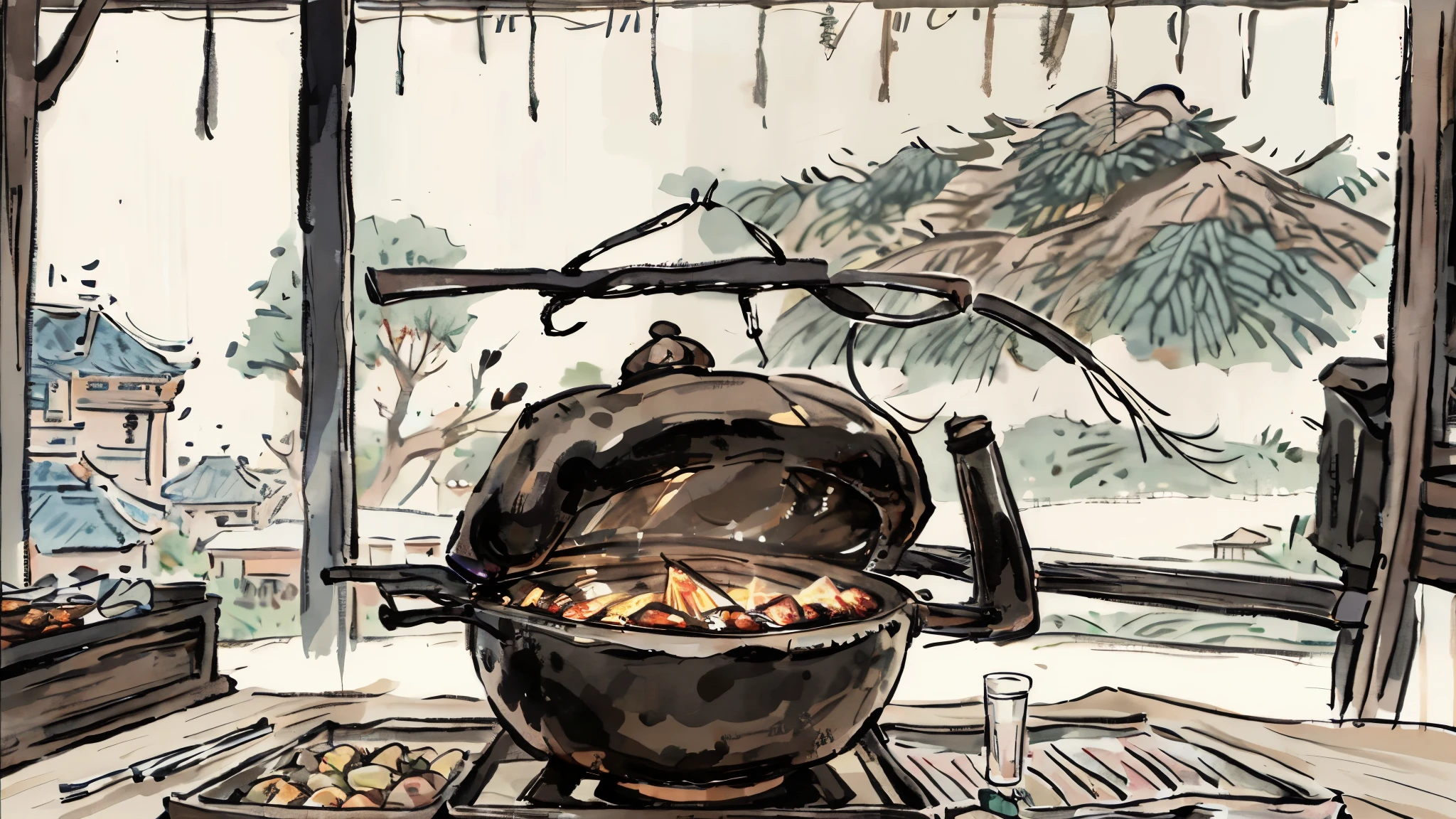 Chinese style, Song Dynasty Clothing, the ancients, elderly, barbecue, sitting, Chinese style architectural background, HD, masterpiece