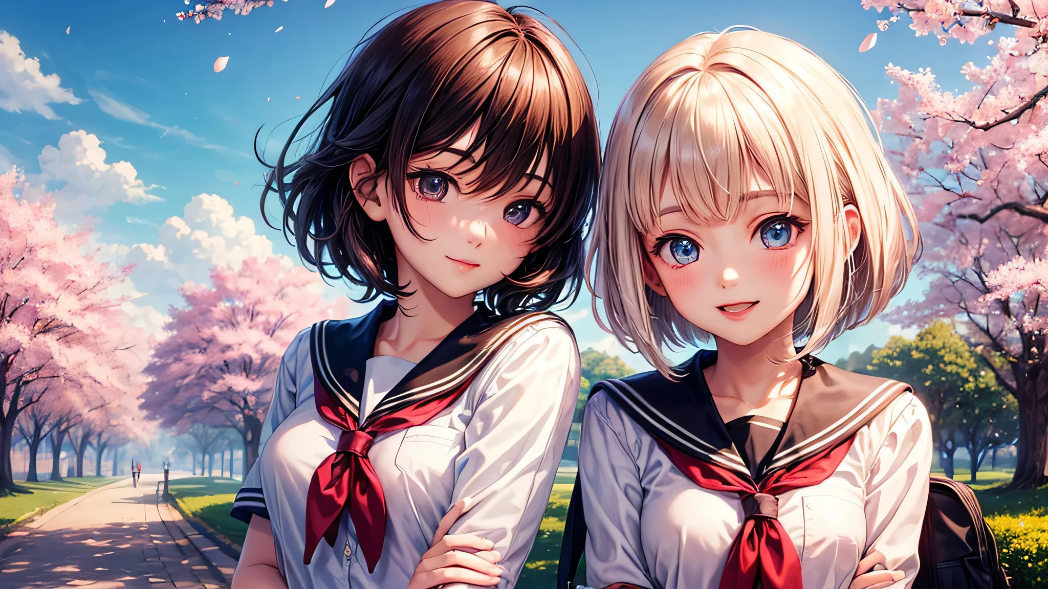 (2 girls:1.2), cute face, shining smile, (short bob hair), (school uniform, mini skirt:1.2), (highest quality: 1.4), (Super detailed), (highest quality:1.4), (super detailed), (lush park), Day光, cherry blossoms, Sunny, cloud, Day, blue sky, (anime illustration), very high resolution, (Upper body), close up face