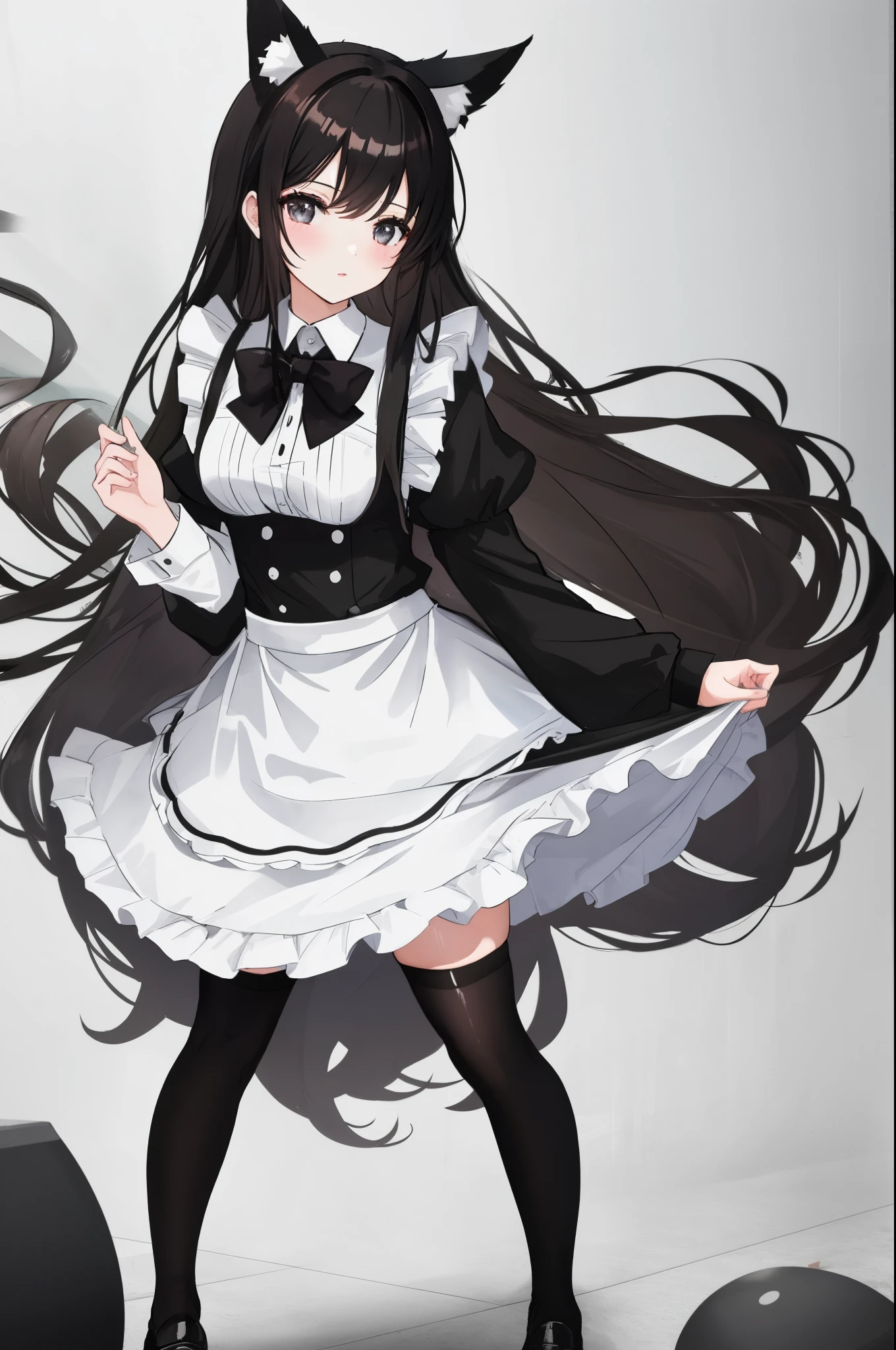 a woman with long black hair wearing black tights and a black and white maid uniform, 1girl, solo, thighhighs, apron, long hair, brown hair, black thighhighs, animal ears, maid, looking at viewer