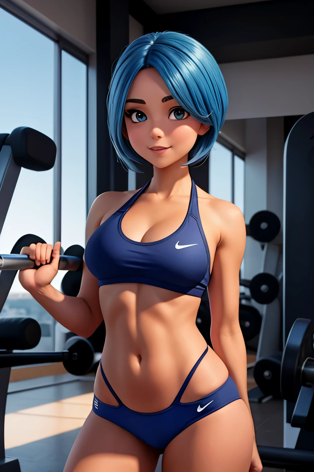 Uma garota sexy com cabelos castanhos, She is wearing a DARK BLUE NIKE sweatshirt, and a DARK BLUE bikini, she is at the gym