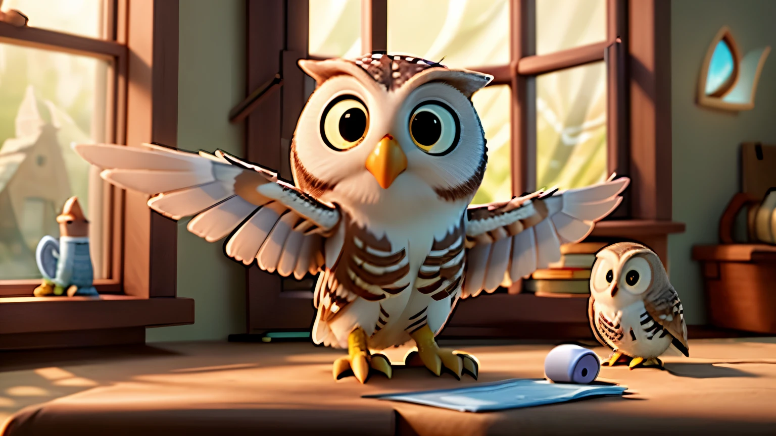 Close-up shot of the open window, with the morning light streaming in. A small owl enters the frame, its wings outstretched as it swoops through the window carrying a letter in its beak. The camera follows the owl's graceful. Disney Pixar