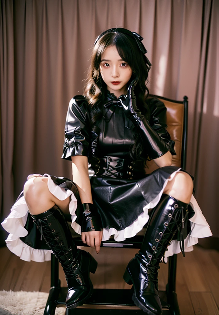 ((Gothic Lolita fashion girl sitting in a wheelchair)), sitting in a wheelchair, sitting in a wheelchair, sitting in a wheelchair, 14 years old, gothicファッション, lace up boots, gothic, full body tattoo, 、(((Black Latex Dress)))、The dress is decorated with beautiful lace、(((black latex mini skirt))), (((The hem of the skirt has a fluffy ruffle design.)))、(((high heel long boots)))、(((私は14 years oldgirlです)))、((( girl)))、(((Slender))),(((small breasts))), thighs thighs thighs、small butt, too cute girl, cute日本girl, girl images, and curvaceous lolita, リアルな 14 歳girl, No makeup, (lecherous, thin and long hair)、long hair, スーパーlong hair, baby face, beautiful japanese girl, (photo-realistic: 1. 4), Photographed with canon 5d mk4, Canon EOS 5D Mark IVで撮影, Canon EOA 6 D Mark IIで撮影, The face and skin are very detailed., narrow eyes, double eyelid, (8k, highest quality, masterpiece: 1.2), ( realistic, photo realistic: 1.37), super detail, 一人girl, cute,(((lolita)))、 ((()))、