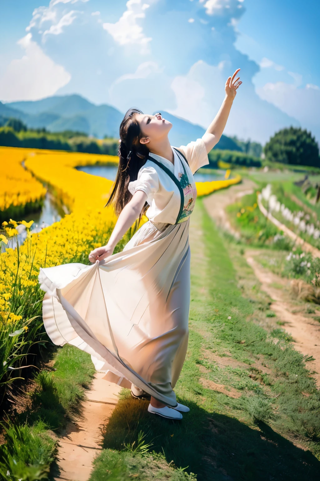 photography,Sky,Sky,Sky,Flowing cloud,1 classical Chinese girl,perfect face,Ancient costume Hanfu,grassland,creek,((best quality)), ((masterpiece)), (detailed), perfect face