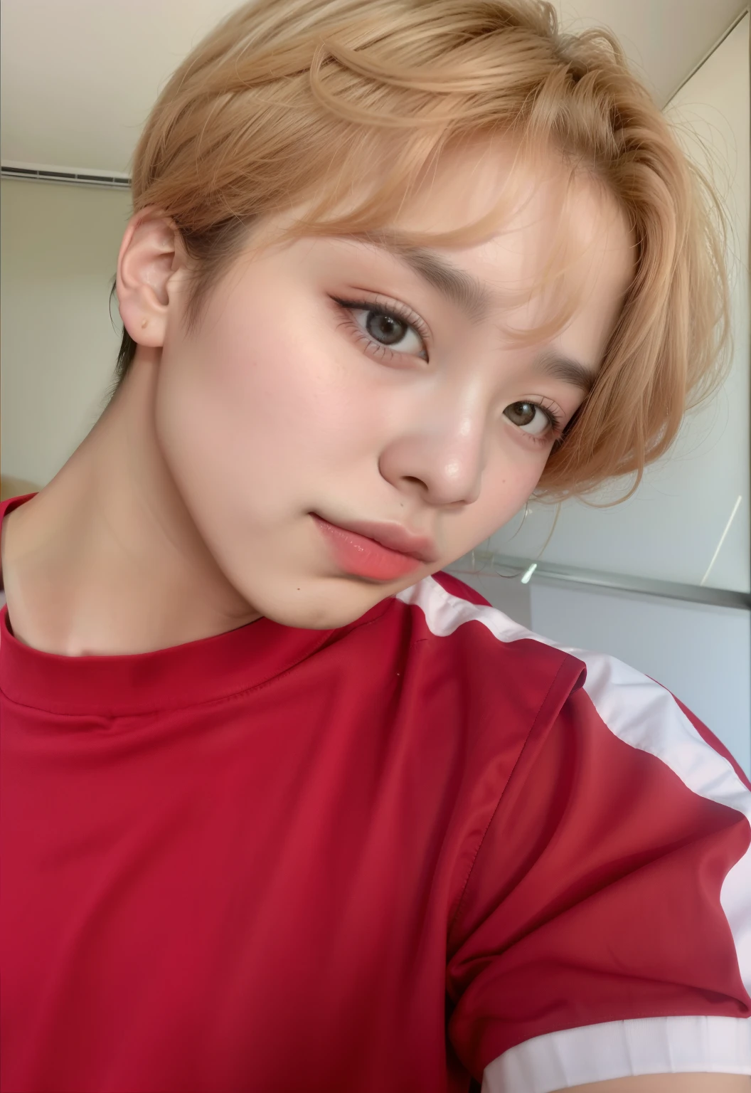 um close de uma pessoa com uma camisa vermelha e uma camisa branca, Jimin\the full lips, Jimin\the right eyelid is swollen, Jimin\o nariz grego, park Jimin, Jimin, Kim Doyoung, accurate Jimin face, Cai Xukun, Hong junho hyung, Jung Jaehyun, hyung tae, imagem de perfil, taejune kim