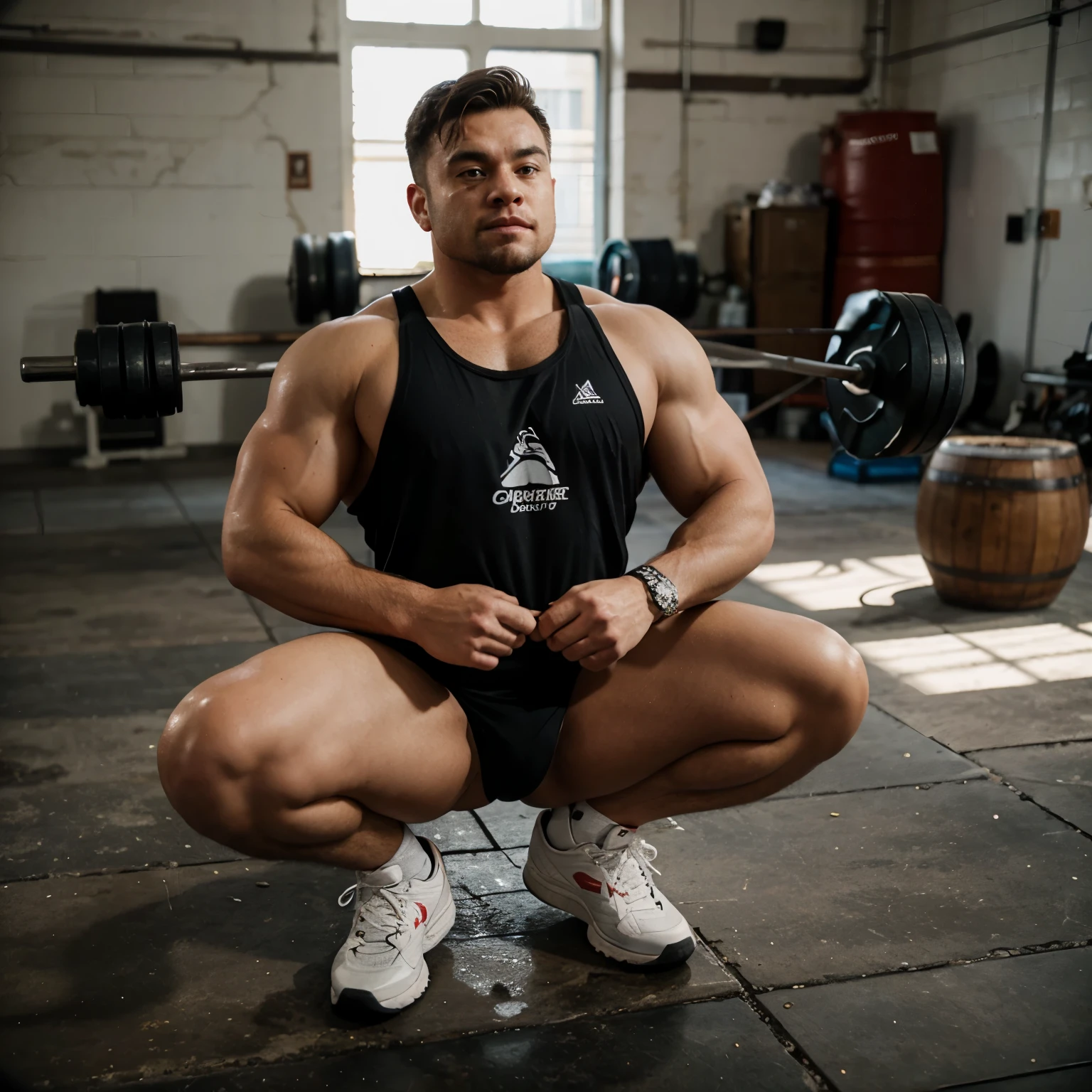 A male cartoon powerlifter squat 2 barrels