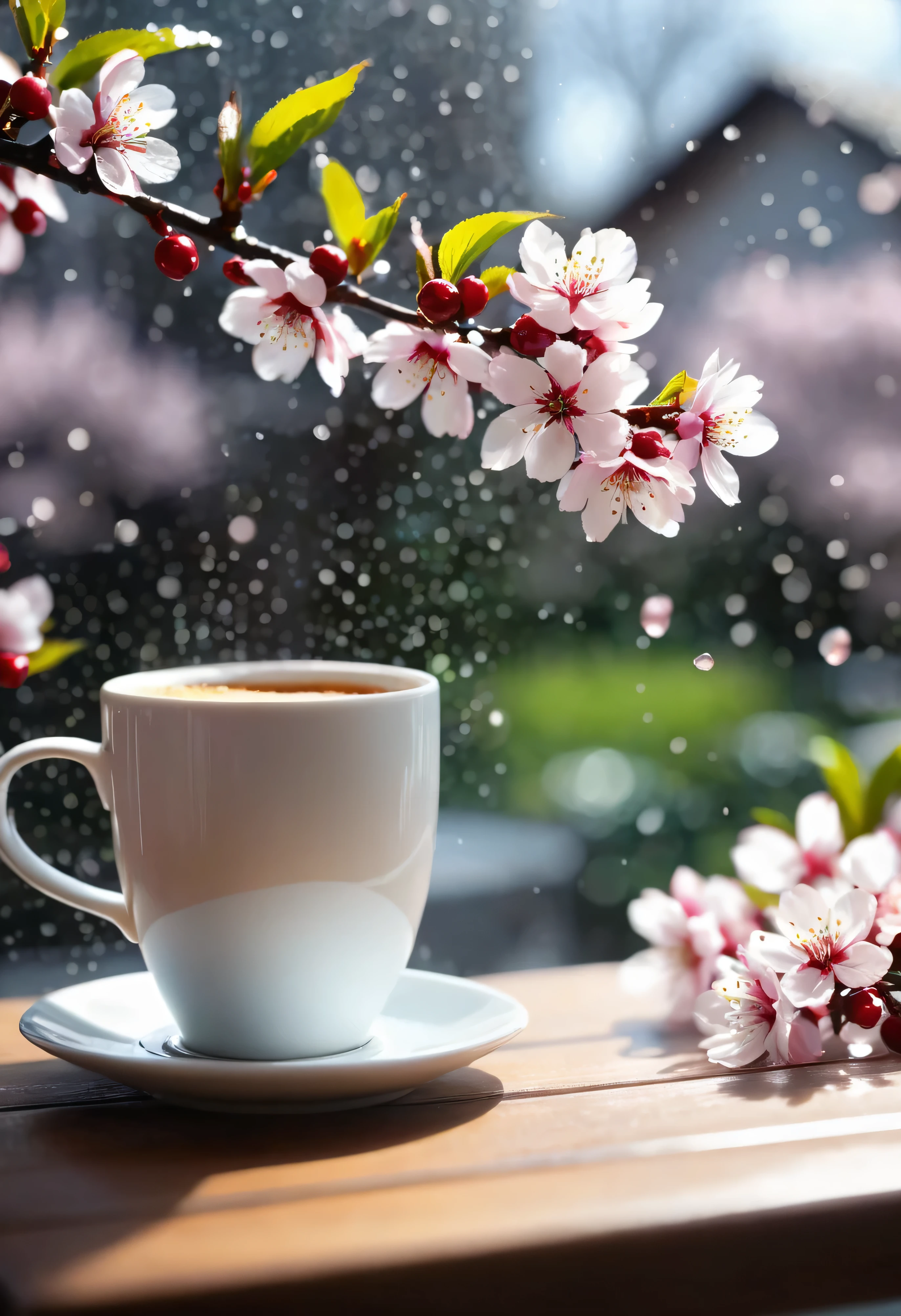 It's raining.bokeh background的樹枝上櫻花的特寫,Latte coffee on wooden table inside window:1.8.(Nico Henriken) photos taken, no splash, romanticism,crimson cherries, Cherry blossoms, Cherry blossoms盛开, Cherry blossoms花s, Cherry blossoms盛开, , Cherry blossoms季, bright, Fresh and contrasting, beautiful light and shadow..(best quality,4k,8k,high resolution,masterpiece:1.2),super detailed,(actual,photoactual,photo-actual:1.37),anatomically correct...bokeh background.
