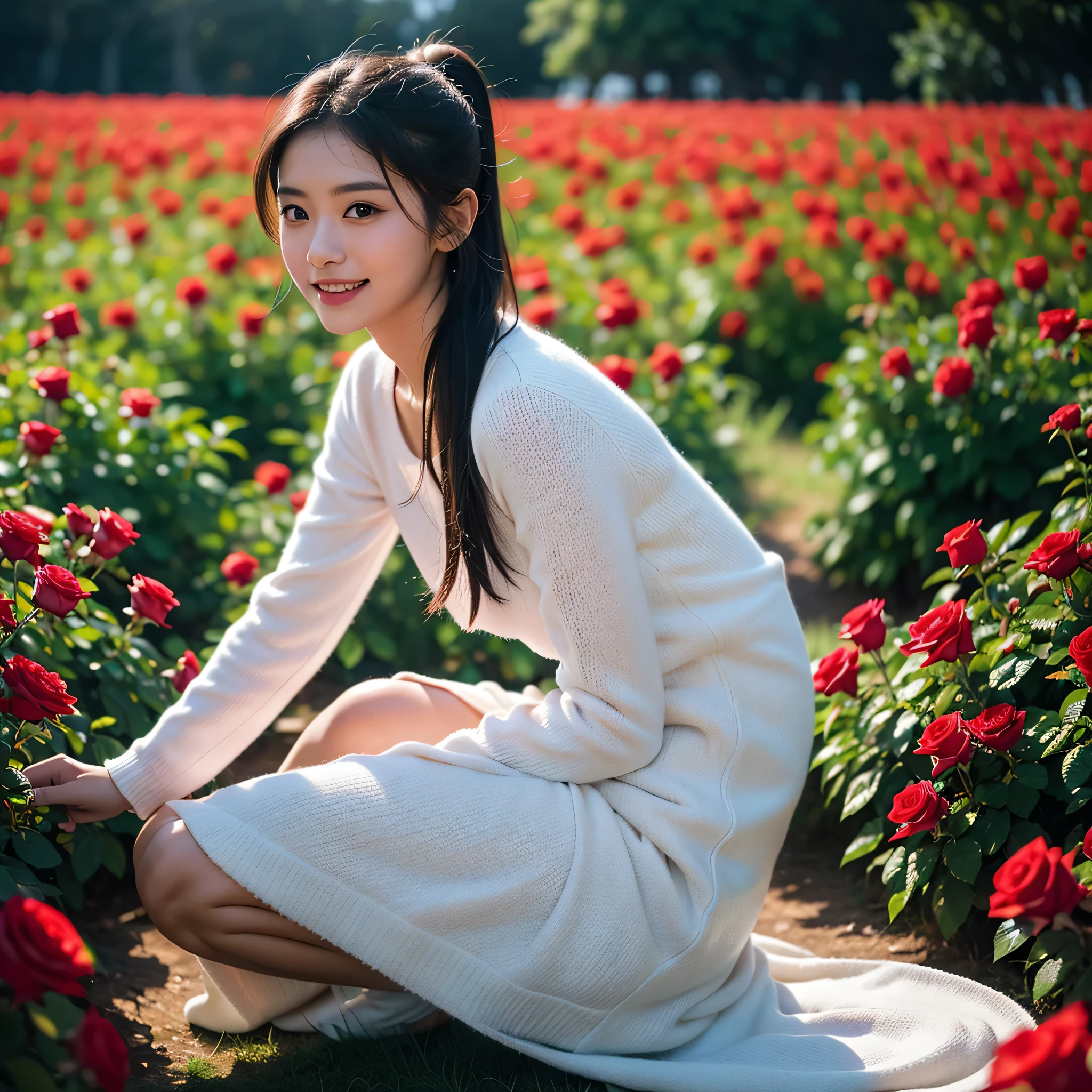 generate img
TYPE : Beauty Photography
THEME : Natural , islamic, moslem
RACE : Indonesian, young
PERSON 1 : Early 20s, woman
SCENE : outdoor,sitting in the middle of fields of very tall and beutiful rose, wearing patterned closed long sleeve and skirt dress, long sleeve, long closed skirt , smile, make, creating and beauty atmosphere, ponytail hair
PROPS: bushes and rose , sunset
CAMERA : photographed using an Canon eos 90d DSLR camera with 18-135mm lens
, best preset lighting , skin texture , detailed face ,
ANGLE : High Dynamic Range (HDR) shot , rule of third