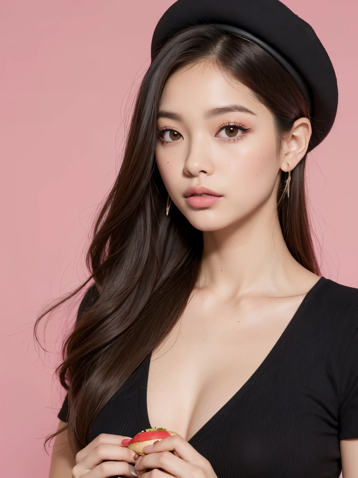 Kim Jennie de blackpink con el cabello rubio claro, cabello rubio con ondulado, cabello de color rubio ondulado, with small fringes, ojos color negro, nariz respingada y bonita, labios gruesos, Cupid and heart shaped lips., labios rosas, pale, white skin, piel bonita y suave, con pecas y lunares, cejas bonitas, marked and beautiful clavicle, mientras tiene un gorro en forma de hamburguesa, gorro en forma de hamburguesa, mientras tiene un rosas color rojo tinto en su top, rojo oscuro, con ropa interior femenina, abdomen delgado y bonito, escote desnudo, (pechos grandes, pechos suaves, pechos naturaleientras agarra una rosa, in a room with a pink background, eating hamburgers and asian noodles, con un sombrero de vaquero, con un sombrero de vaquero, mirando a la camara, autofoto