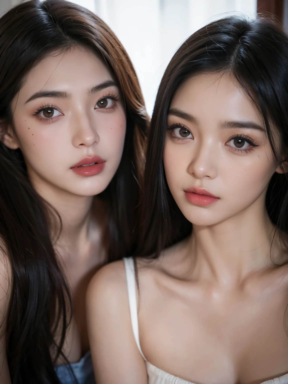 Kim Jennie con el cabello negro oscuro, con rulos en las puntas del cabello negro oscuro, con un ganchito de estrella en el cabello negro oscuro, ojos de color claro, ojos bonitos, nariz bonita y respingada, labios bonitos, labios rosas, heart and cupid shaped lip, piel bonita, pale, piel blanca, con lunares y pecas en todo el rostro, rubor rosa suave en las mejilla, rubor rosa natural, dark and gothic makeup, Jennie gotica, cuellos bonito, cuello marcado, frown, mirada enojada, con un collar de beso, un collar bonito de beso, mientras muestra sus pechos desnudos, mientras tiene los pezones con dos corazones de papel rosa, tiene los pezonnes con corazones de papel rosa (pechos grandes, pechos suaves, pechos bonitos, pechos naturaleirando a la camara, autofoto