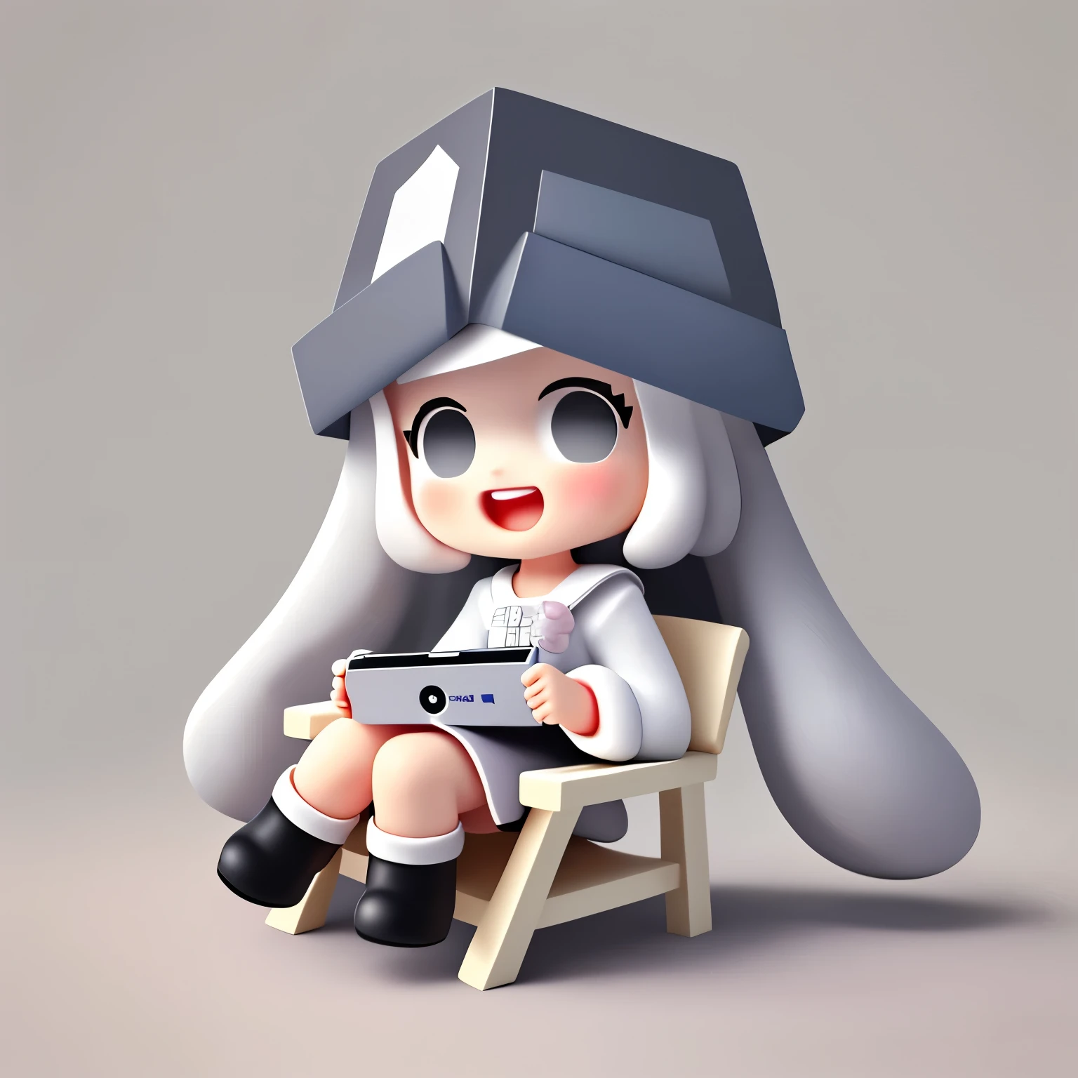 Bubble Mart blind box style,A cute who loves to laugh,sit on the chair,Holding a game console,Wearing a white box-shaped hat,princess cut hairstyle,Off-white hair,Wearing dark gray skirt and boots