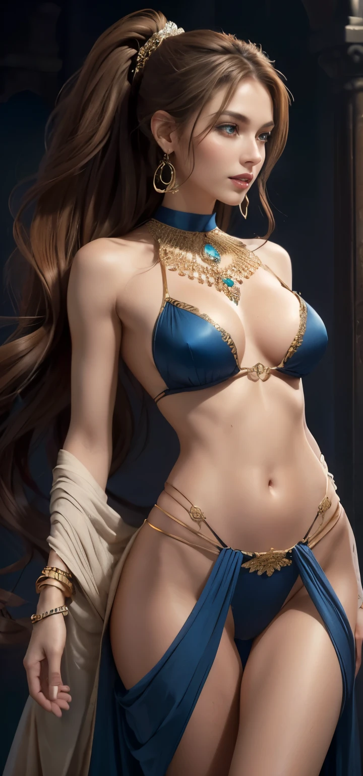(best quality:1.2,ultra-detailed,photorealistic:1.37),beautiful woman,blue eyes, red lips,(elegant,long-flowing,flowy:1.1) hair,sexy, golden ratio, intricate details, natural beauty, vibrant colors, soft lighting, Realistic eyes, view the viewer, Large breasts, diamond earrings, chocker, bracelet, cute smile, revealing breasts,Bare genitalia,Camel toes,Flushed complexion, naked body, extravagant jewellery, slender body, light brown hair, navel piercing, dark background, ponytail, g-string, blue accents, tigh gap, body jewelry, lace robe