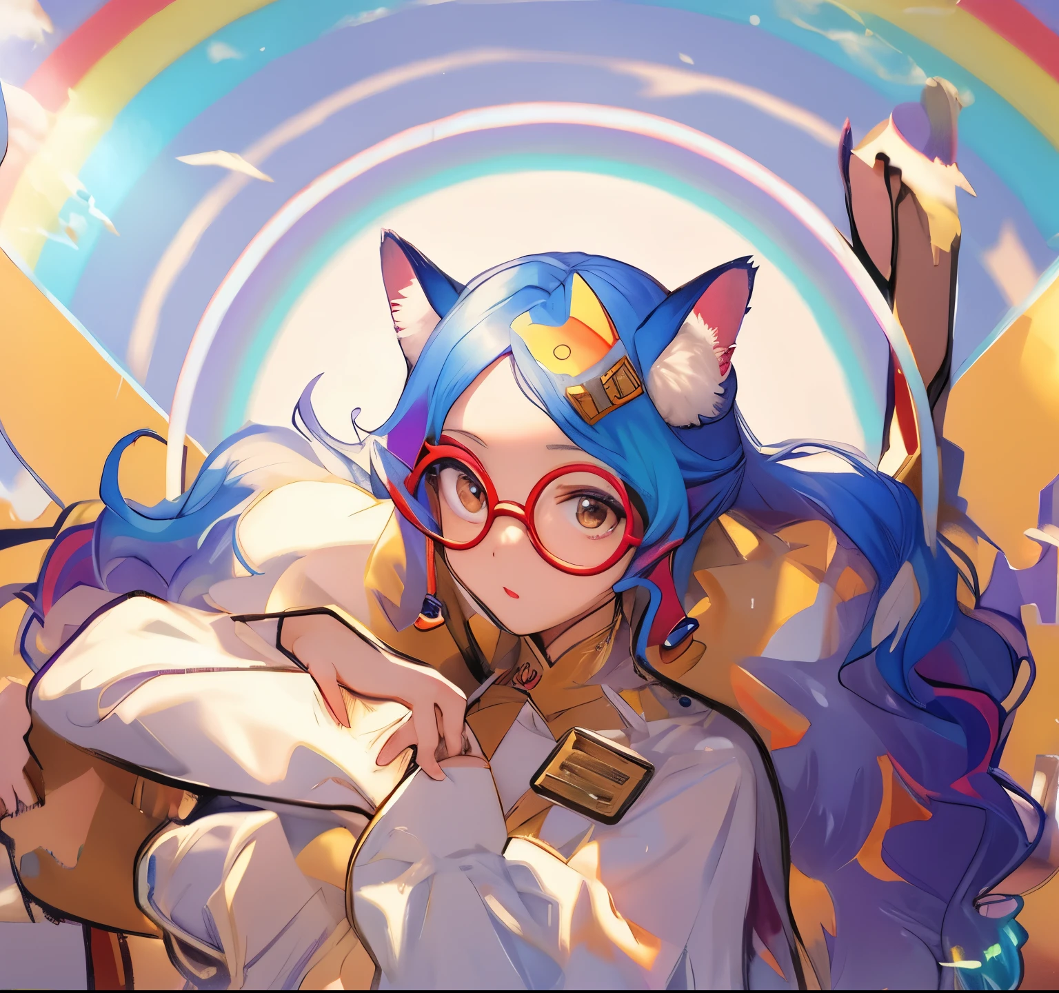 (masterpiece、 highest quality、 highest quality、夢見るようにcute、 with paddle、Moya、 (curly)、 Upper body、 (rainbow colored hair : 1.2) 、 Colorful、 cute、 pastel、 Loose and fluffy、(brown skin: 1.2)、Round frame glasses、Cat ear