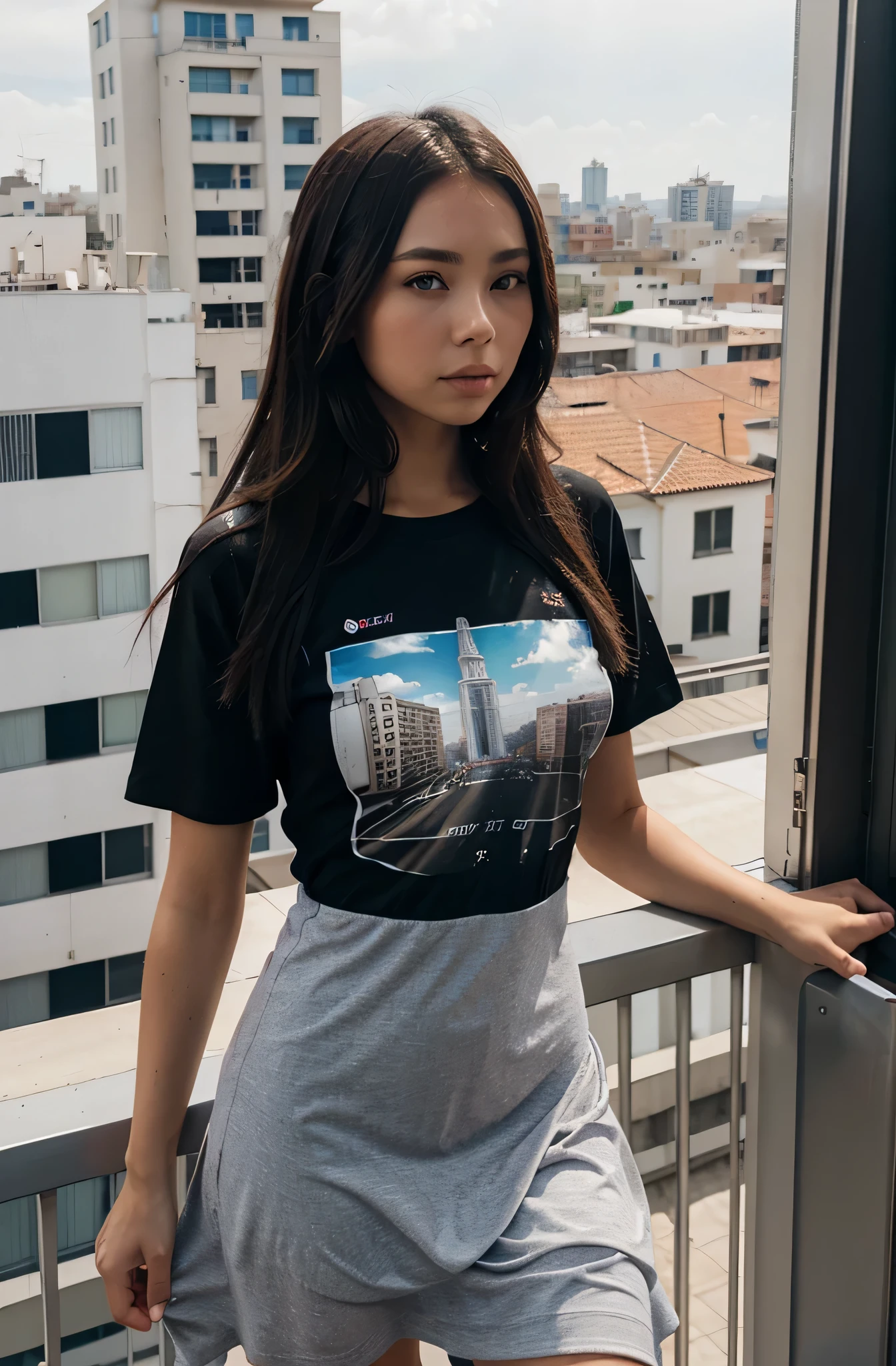 vista inferior de Crystal Rae escolar, (Camiseta) branca e (vestido) preto, on the balcony of a building overlooking the city
