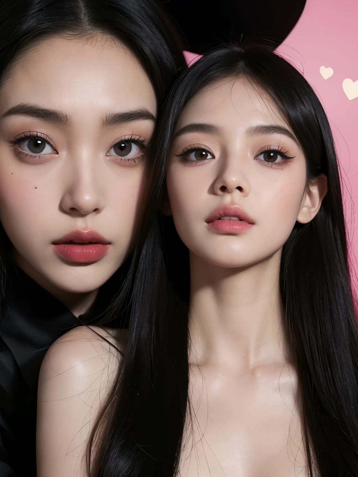 Kim Jennie con el cabello negro oscuro, con rulos en las puntas del cabello negro oscuro, con un ganchito de estrella en el cabello negro oscuro, ojos de color claro, ojos bonitos, nariz bonita y respingada, labios bonitos, labios rosas, heart and cupid shaped lip, piel bonita, pale, piel blanca, con lunares y pecas en todo el rostro, rubor rosa suave en las mejilla, rubor rosa natural, dark and gothic makeup, Jennie gotica, cuellos bonito, cuello marcado, frown, mirada enojada, con un collar de beso, un collar bonito de beso, mientras muestra sus pechos desnudos, mientras tiene los pezones con dos corazones de papel rosa, tiene los pezonnes con corazones de papel rosa (pechos grandes, pechos suaves, pechos bonitos, pechos naturaleirando a la camara, autofoto