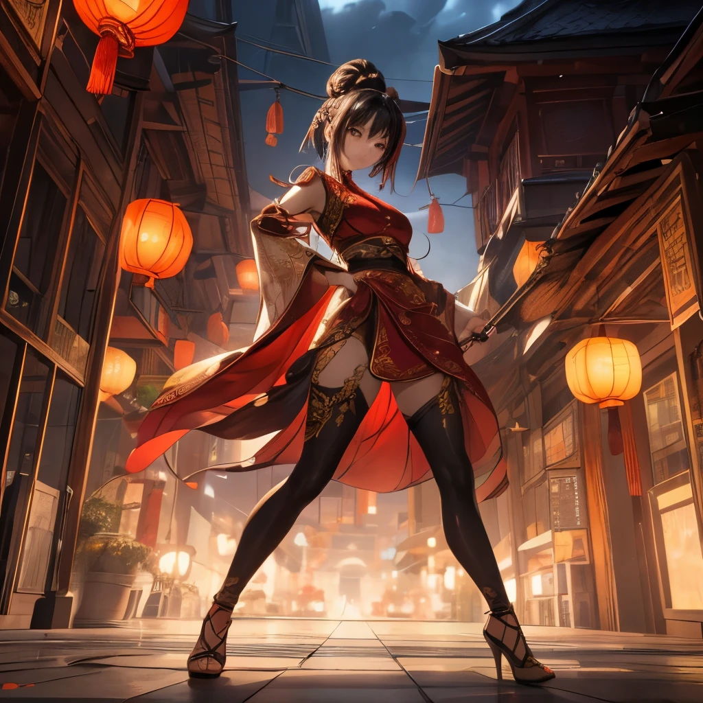 best quality, masterpiece, highres, wuxia, 1girl, solo, solo focus, (black hair, long hair, ponytail), grey eyes, red china dress, red bow, black biker shorts, beautiful detailed eyes, beautiful detailed face, cute face, super gorgeous hair, kung-fu fight, boots, full body with costume, full body shot, chinatown street backdrop