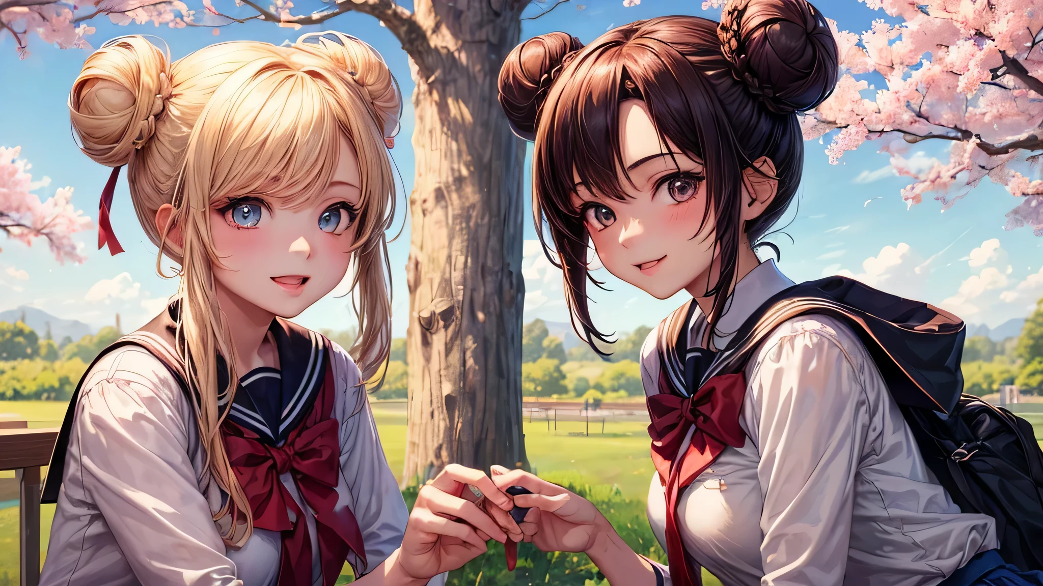 (2 girls:1.2), cute face, shining smile, (double buns:1.2), (school uniform, mini skirt:1.2), (highest quality: 1.4), (Super detailed), (highest quality:1.4), (super detailed), (lush park), Day光, cherry blossoms, Sunny, cloud, Day, blue sky, (anime illustration), very high resolution, (Upper body), close up face