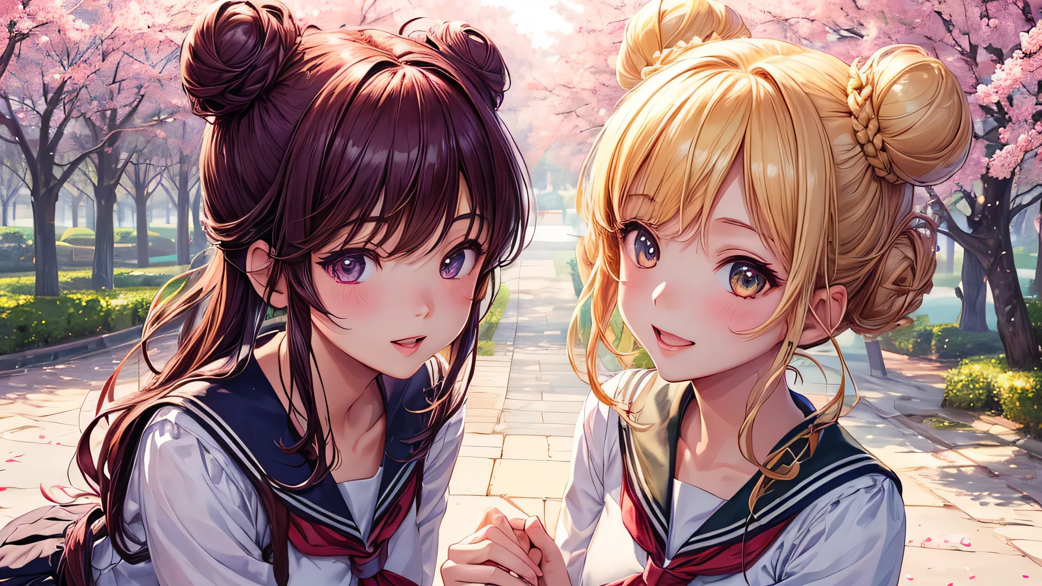 (2 girls:1.2), cute face, shining smile, (double buns:1.2), (school uniform, mini skirt:1.2), (highest quality: 1.4), (Super detailed), (highest quality:1.4), (super detailed), (lush park), Day光, cherry blossoms, Sunny, cloud, Day, blue sky, (anime illustration), very high resolution, (Upper body), close up face