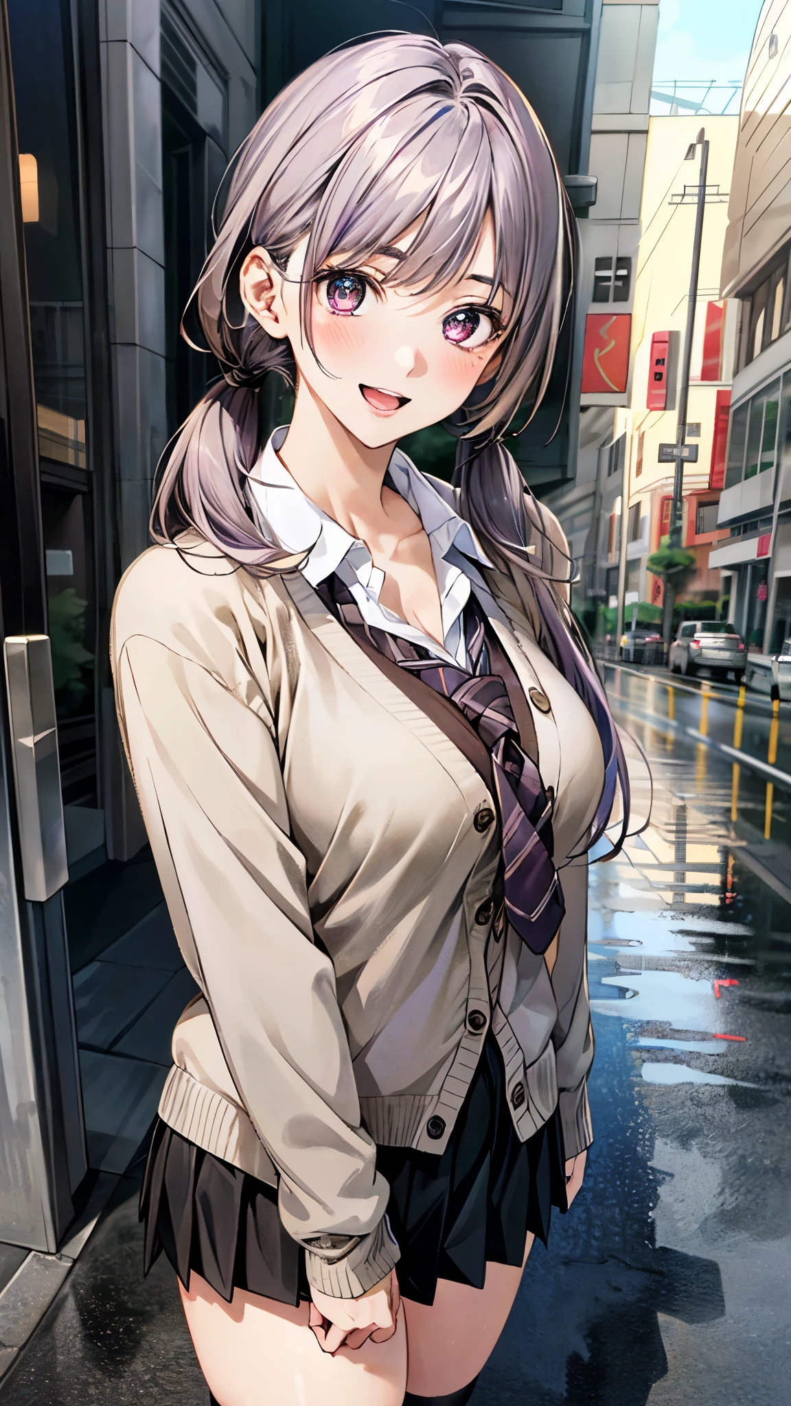 (masterpiece:1.2, top-quality, ultra high res, ultra detailed), (realistic, photorealistic:1.4), beautiful illustration, (natural side lighting, movie lighting), 
looking at viewer, full body, 1 girl, japanese, high school girl, perfect face, (perfect anatomy), cute and symmetrical face, , shiny skin, slender, 
(long hair:1.5, low twintails:1.5, light purple hair), swept bangs, gold eyes, drooping eyes, big eyes, long eye lasher, (medium breasts), 
beautiful hair, beautiful face, beautiful detailed eyes, beautiful clavicle, beautiful body, beautiful chest, beautiful thigh, beautiful legs, beautiful fingers, 
((detailed cloth texture, long sleeves light brown cardigan:1.4, light grey pleated skirt, white collared shirt), dark red tie, white thigh-high), 
(beautiful scenery), day time, (downtown) walking, (eating crepe), (happy smile, open mouth), 