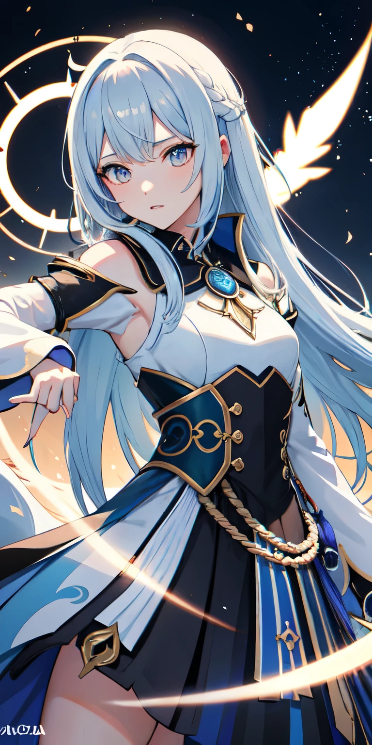 1 garota, roupas japonesas, rabo de cavalo ,cabelo branco, olhos roxos, magic circle, fogo azul, chamas azuis, papel de parede, Paisagem, sangue, sangue splatter, profundidade de campo, noite, light particles, raios de luz, side lighting, coxas, destino \(Series\), impacto genshin, ****, Jaqueta aberta, saia, coxas, nuvem