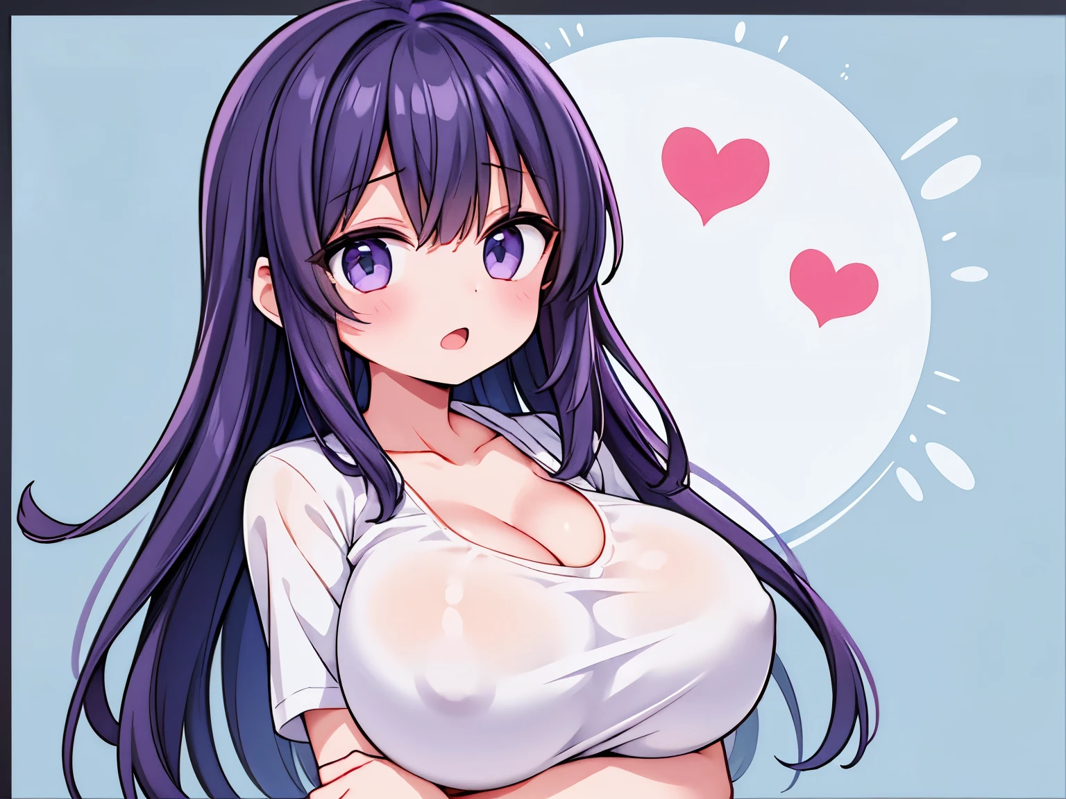 ((girl２people))、big breasts、((ＶNeck shirt))、(hold one&#39;s chest between one&#39;s arms)、emphasize the chest,heart mark
