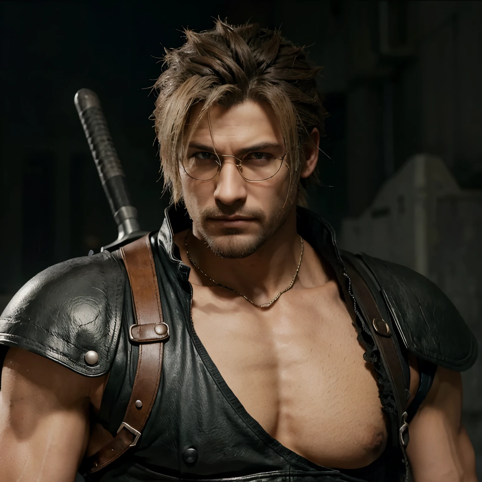 Homme barbu chignon dans le style final fantasy 7 avec lunettes noires avec armes Cloud Strife