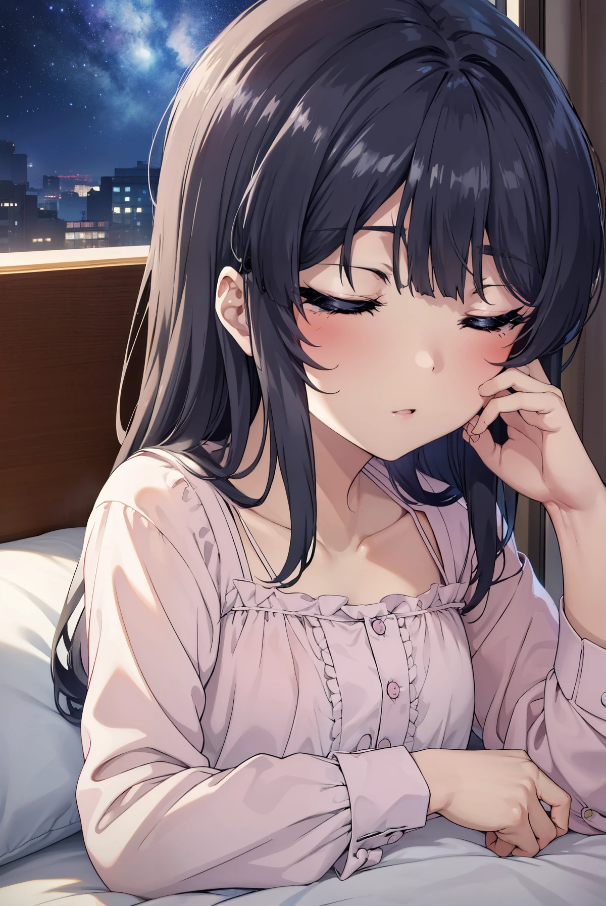 maisakurajima, Mai Sakurajima, long hair, bangs, sleeping with both eyes closed,windows,romantic starry sky,A meteor crosses,pink nightgown,white string underwear,barefoot,Sleeping lying on your back in bed,night,sleep with your head on the pillow,dark room,night, moonlight,
break indoors, Bedroom,
break (masterpiece:1.2), highest quality, High resolution, unity 8k wallpaper, (figure:0.8), highly detailed face, perfect lighting, Very detailed CG, (perfect hands, perfect anatomy),